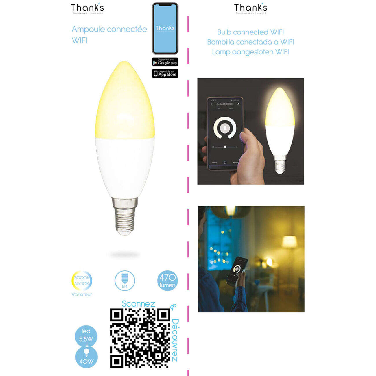 Ampoule ovale LED connectée E14 40 W