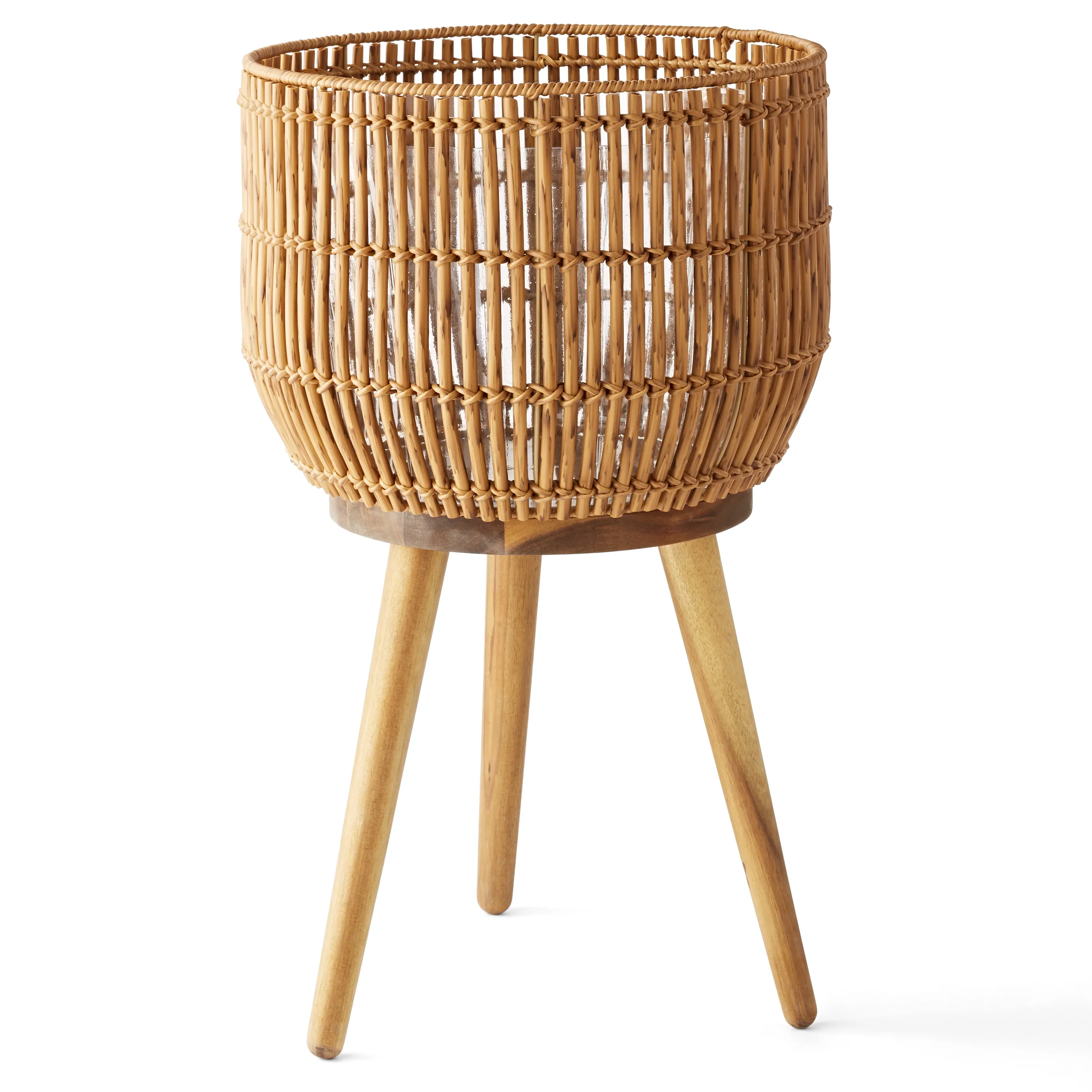 (4 pack) Better Homes & Gardens 13 Inch Round Brown Resin Rattan Planter & Stand with Acacia Wood Legs