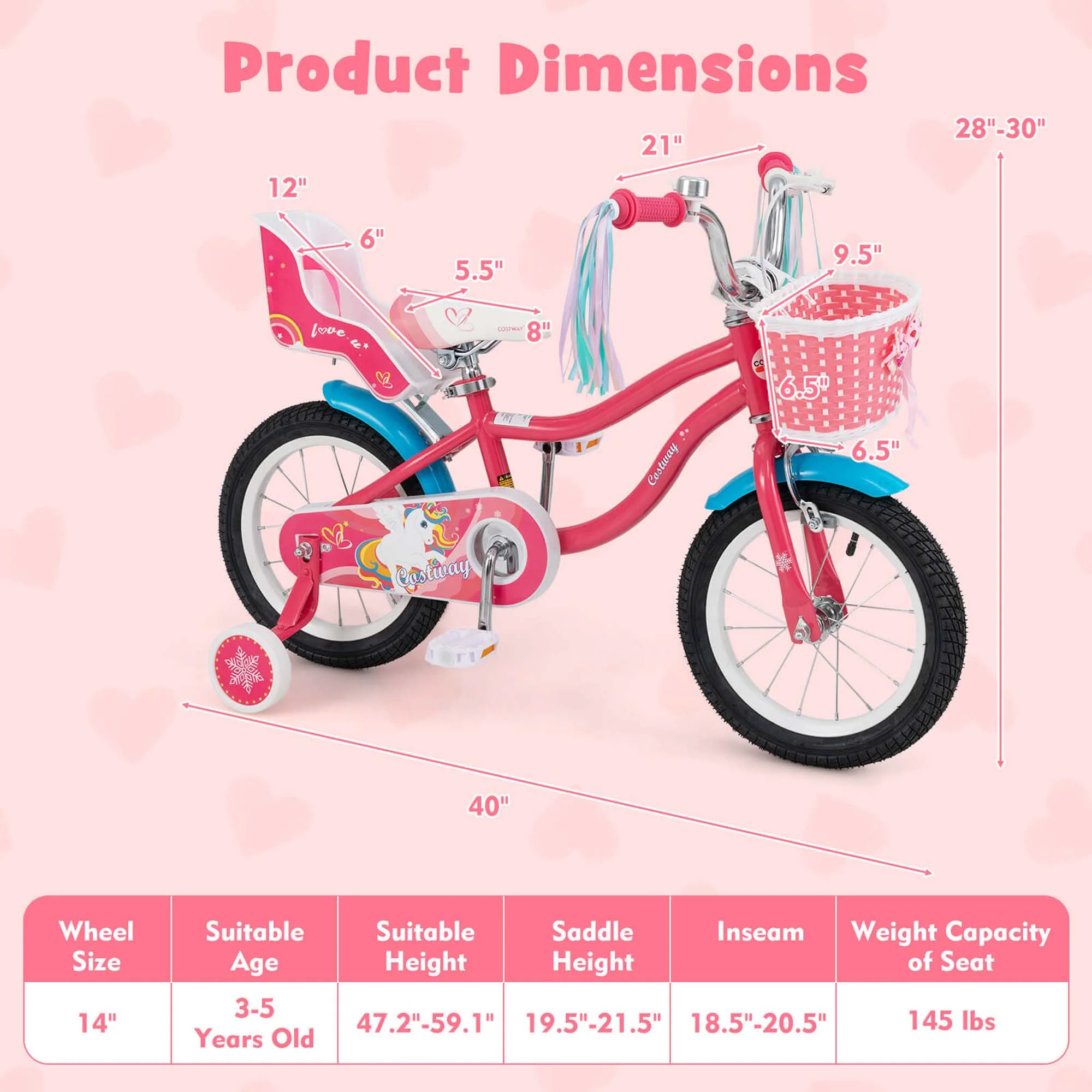 14 Inch Kids Bike with Basket Doll Seat Colorful Streamers 2 Training Wheels Pink(Pink/14") - Image 3