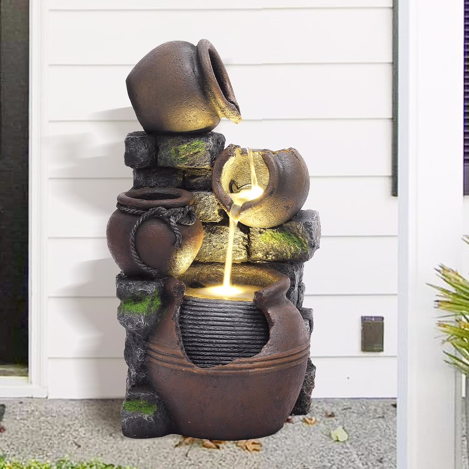 4 Cascading Jugs Outdoor Fountain and Waterfalls, 3 Tiered Resin Pitchers Pot Floor Standing Water Fountain with Led Lights Pump, Soothing Tranquility Water Fountains for Home Garden Yard, 24H