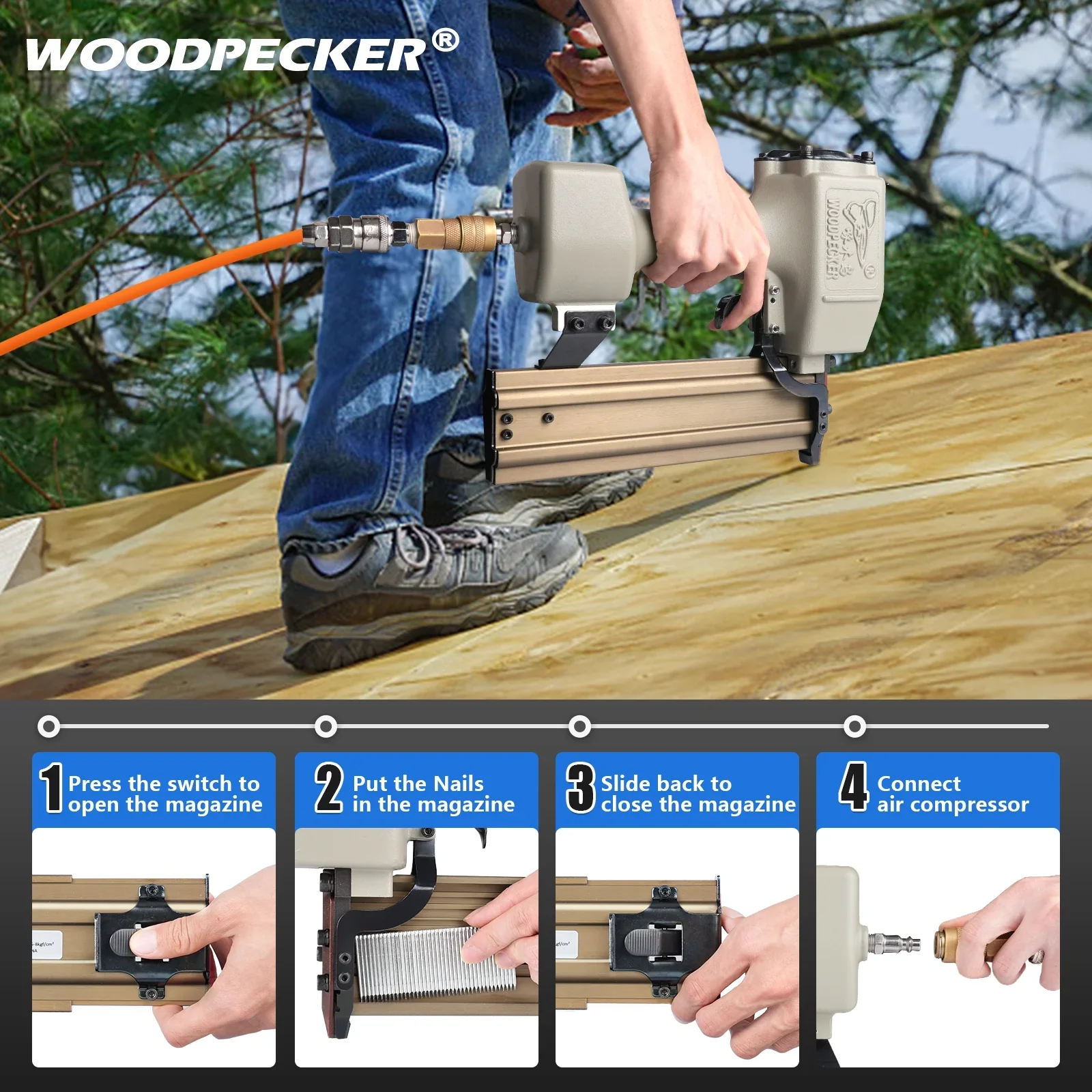 WOODPECKER ST64 Pneumatic Concrete T Nailer, 14 Gauge 3/4 to 1-1/2 Heavy Duty Air Concrete Nail Gun for hardwood nailing, Masonry, Cement, Concrete Brick Nailing