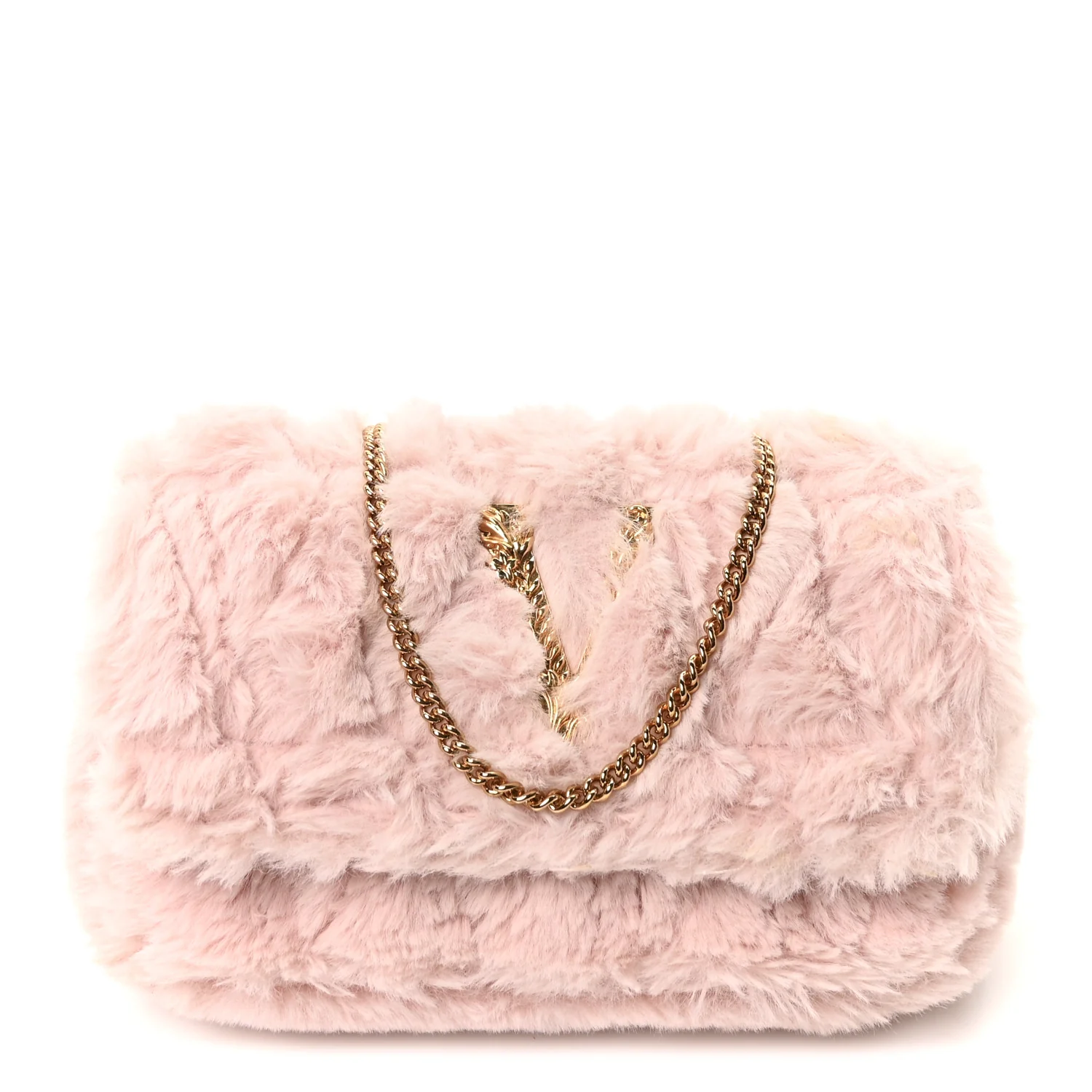 Faux Fur Quilted Virtus V Mini Chain Flap Shoulder Bag English Rose