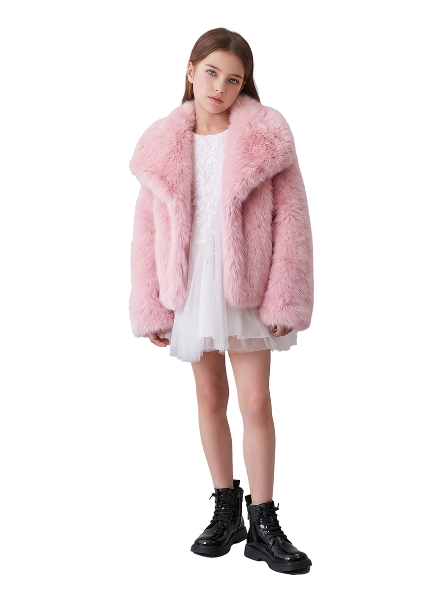 Stanetco Girls' Pink Faux Fur Coat - Kids Warm Fluffy Winter Jacket, Cute Shaggy Outerwear with Classic Lapel Collar