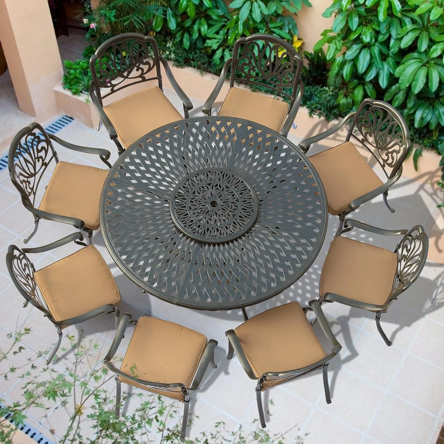 VIVIJASON Outdoor 61" Patio Dining Table for 6 - 8 Person, Large Patio Round Dining Table with 24" Lazy Susan, Dark Bronze Cast Aluminum Rustic Patio Table W/Umbrella Hole for Balcony, Porch and Deck