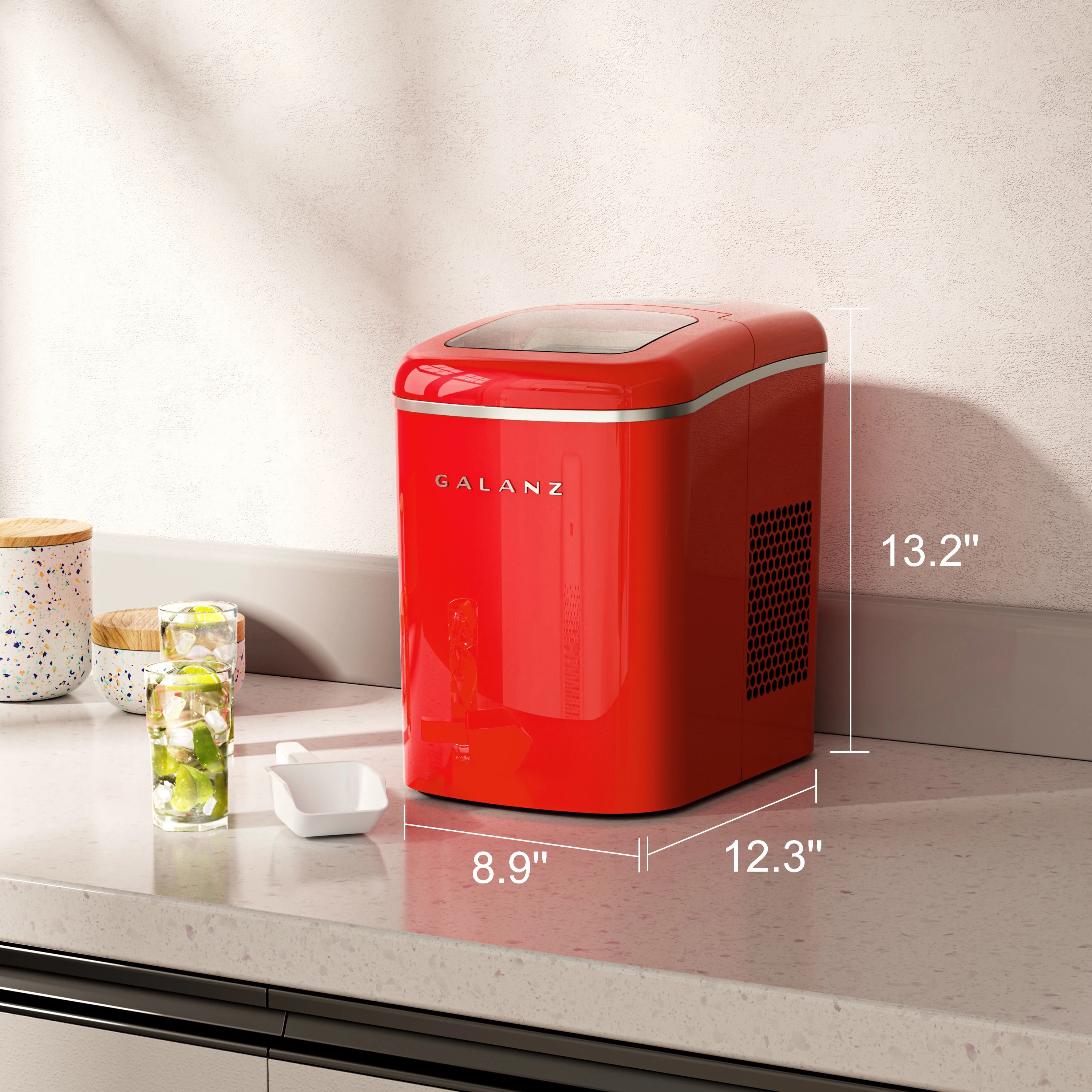 Portable Countertop Electric Maker Machine 26 lbs in 24 Hours, 9 Bullet Shaped Cubes Ready in 9 Minutes, 2 Ice Sizes, Perfect for Parties Home Bar, 2 1 L, Retro Red(Red) Image 6