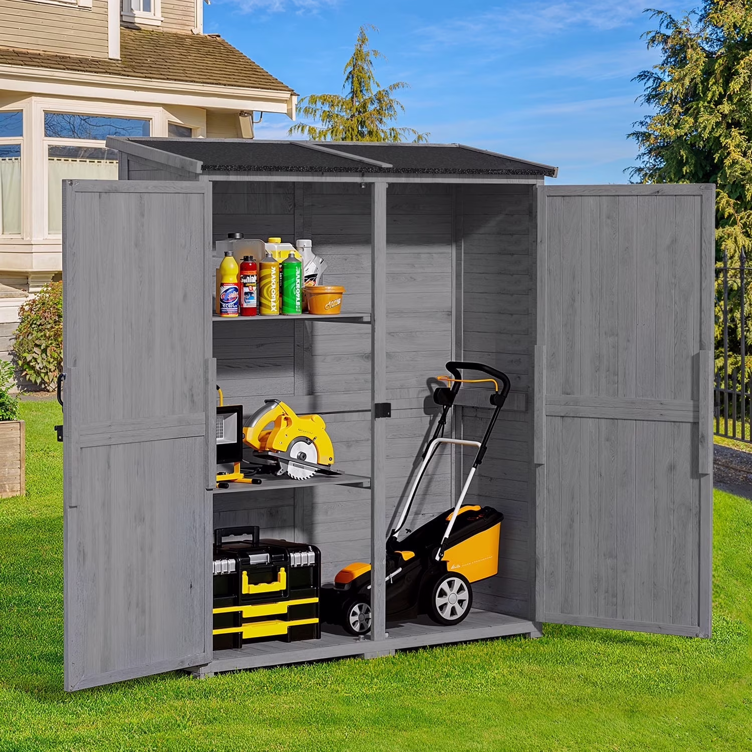Aiho 55 Wide Outdoor Storage Shed with Lockable Double Doors - Weather - Resistant Garden Shed for Patio, Backyard & Lawn, Gray