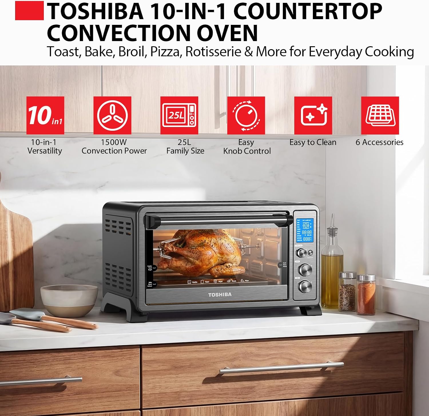 TOSHIBA 10-in-1 Convection Toaster Oven, 6-Slice Countertop Oven, 1500W