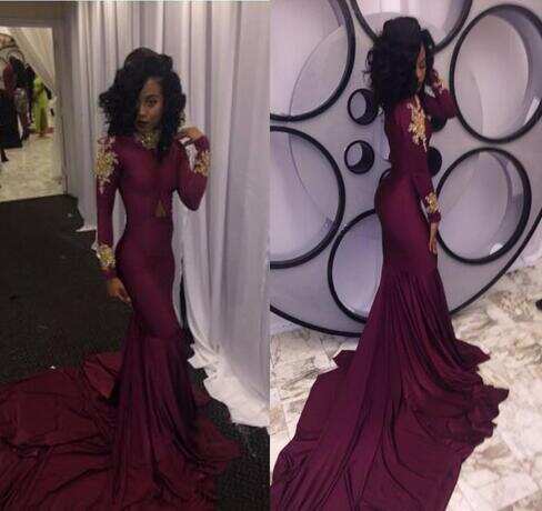 Mermaid Long Burgundy Long Sleeves Prom Dress with Appliques DMF74