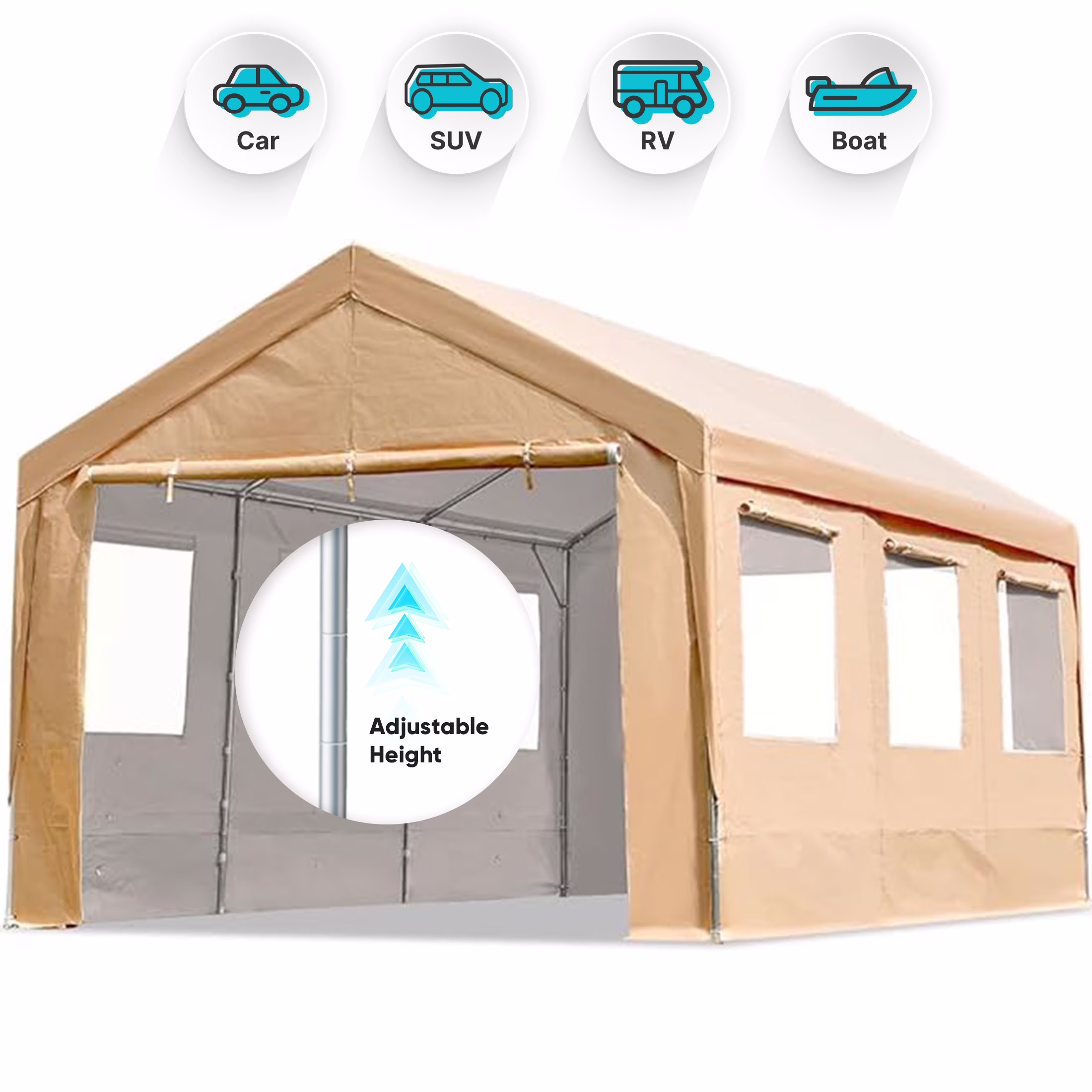 10x20 ft Heavy Duty Carport with Roll-up Ventilated Windows Removable Sidewalls Car Canopy Garage Boat Shelter Party Tent, Adjustable Height from 9.5ft to 11ft, Beige Yellow(10' x 20'/Beige) - Image 8