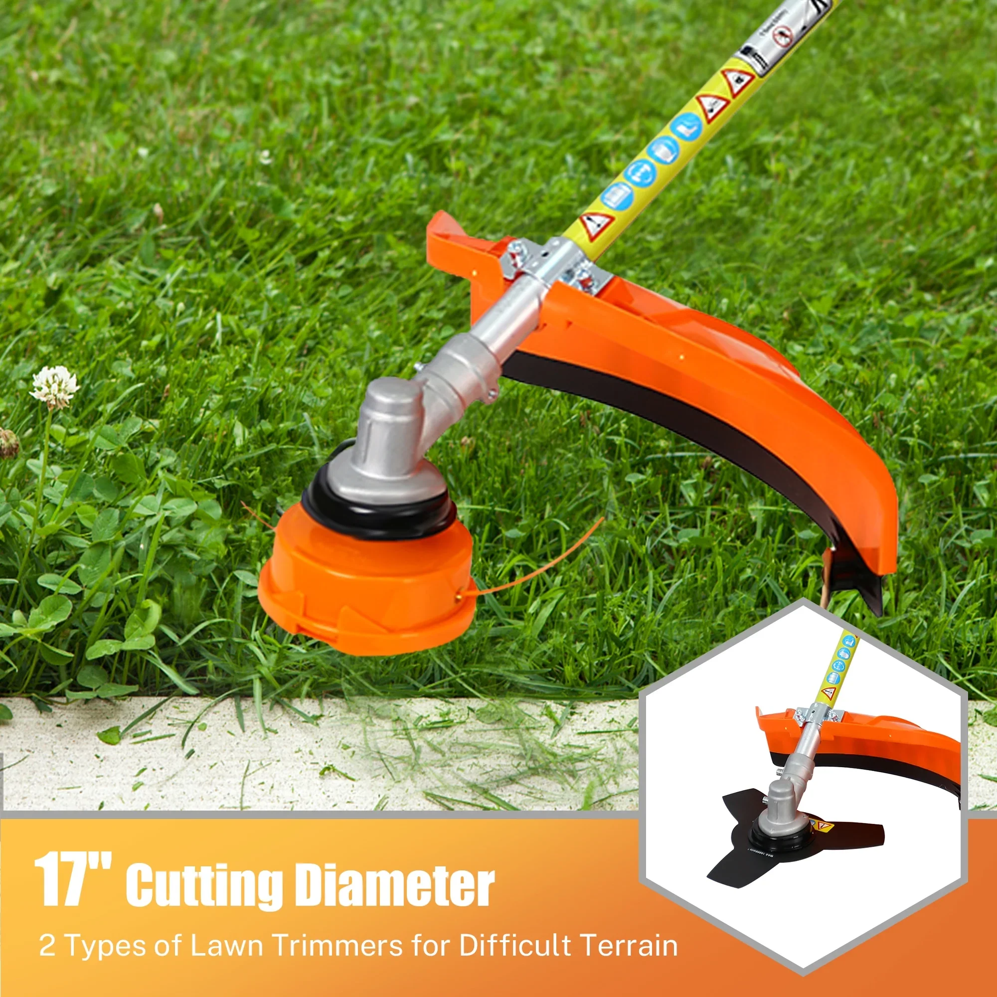 52cc Gas Powered Weed Eater, Sesslife 4-in-1 Grass Trimmer with Gas Pole Saw, Hedge Trimmer, Grass Trimmer, Brush Cutter, 2-Cycle Full Crankshaft Grass Edger Lawn Mower for Yard Garden, Orange