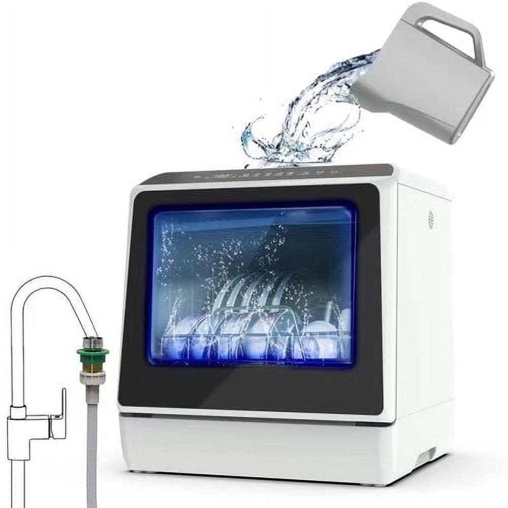Portable Countertop Dishwasher, 5 Washing Programs, Built-In 3-Cups Water Tank, 3D Cyclone Spray