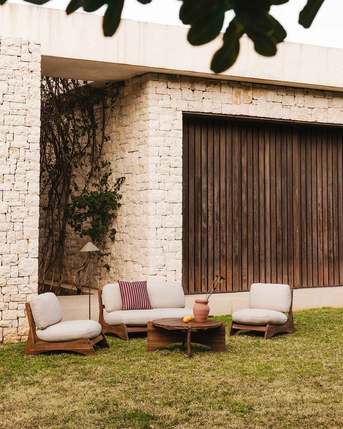 Lorent - Set de Jardín con Sofá 2 Plazas, 2 Sillones y Mesa de Centro de Madera de Acacia y Tela Lorent