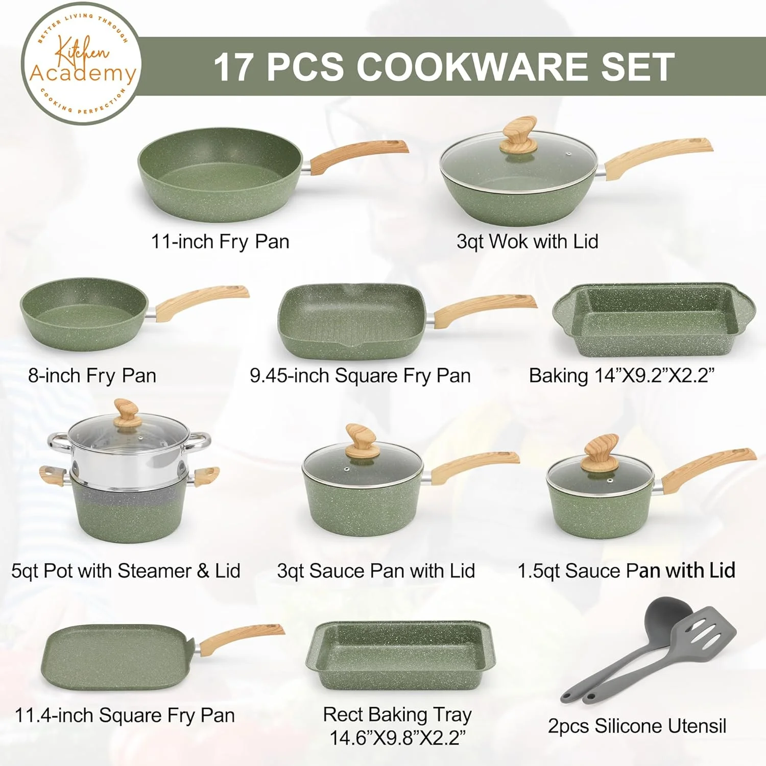 Kitchen Academy 17 Pieces Induction Cookware Set with Griddle, Green Granite Pots and Pans Set Non Stick, Healthy Nonstick Cooking Pans Set