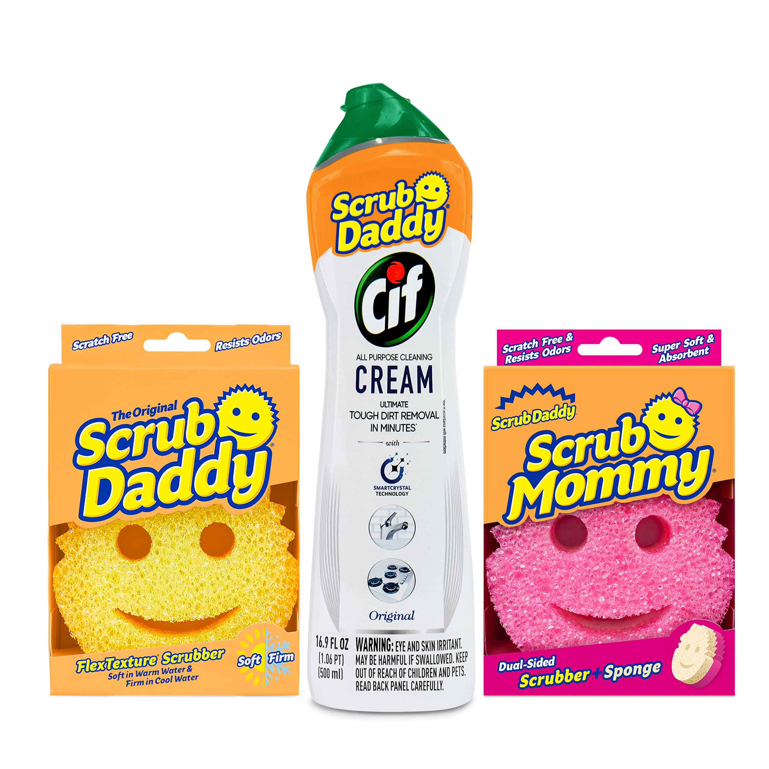 Scrub Daddy Original Plus Mommy Sponge w/Cif 16.9 oz. All Purpose Cleaning Cream Original - Multi-Surface 3 Count Bundle, Multi-Colored