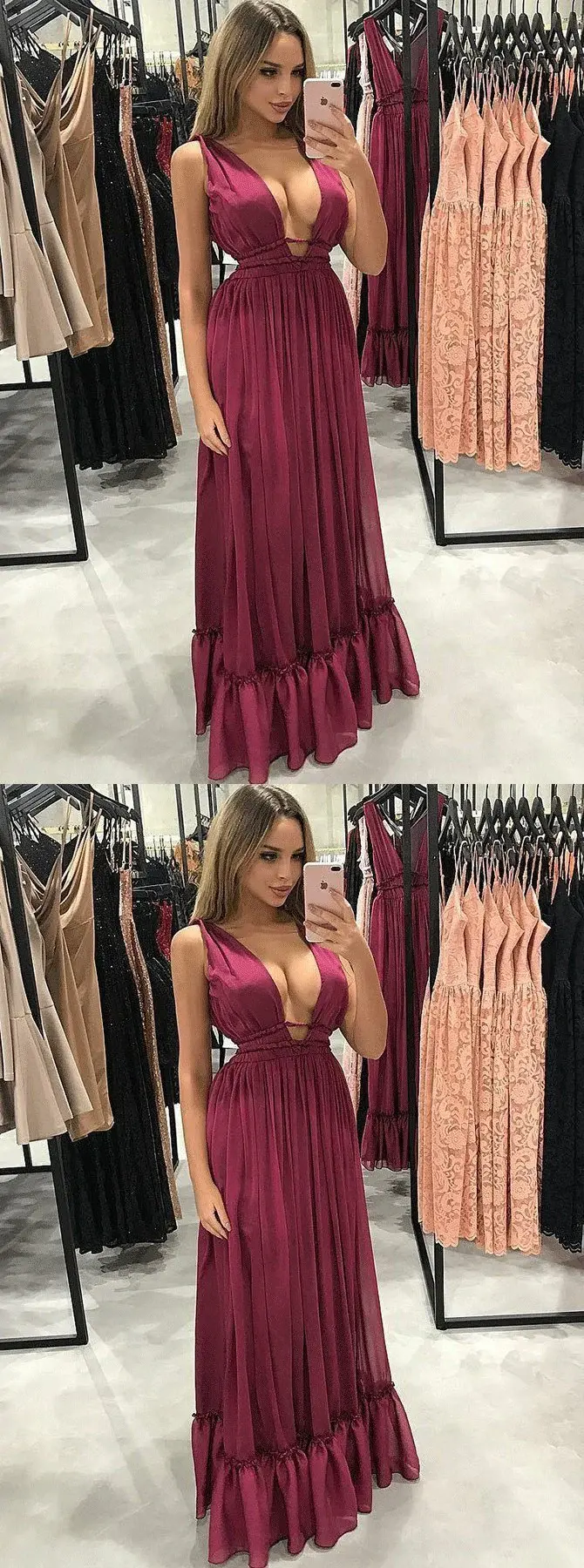 Sexy A-Line V-Neck Pleated Burgundy Chiffon Prom Party Dress DMF8