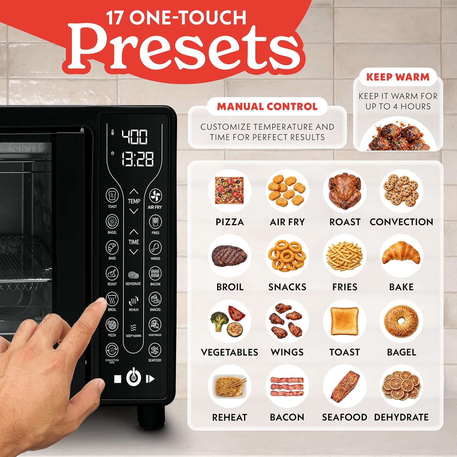 Gourmia French Door Air Fryer Toaster Oven – 6-Slice Capacity, FryForce 360°Digital Display with 17 Cooking Presets, Black