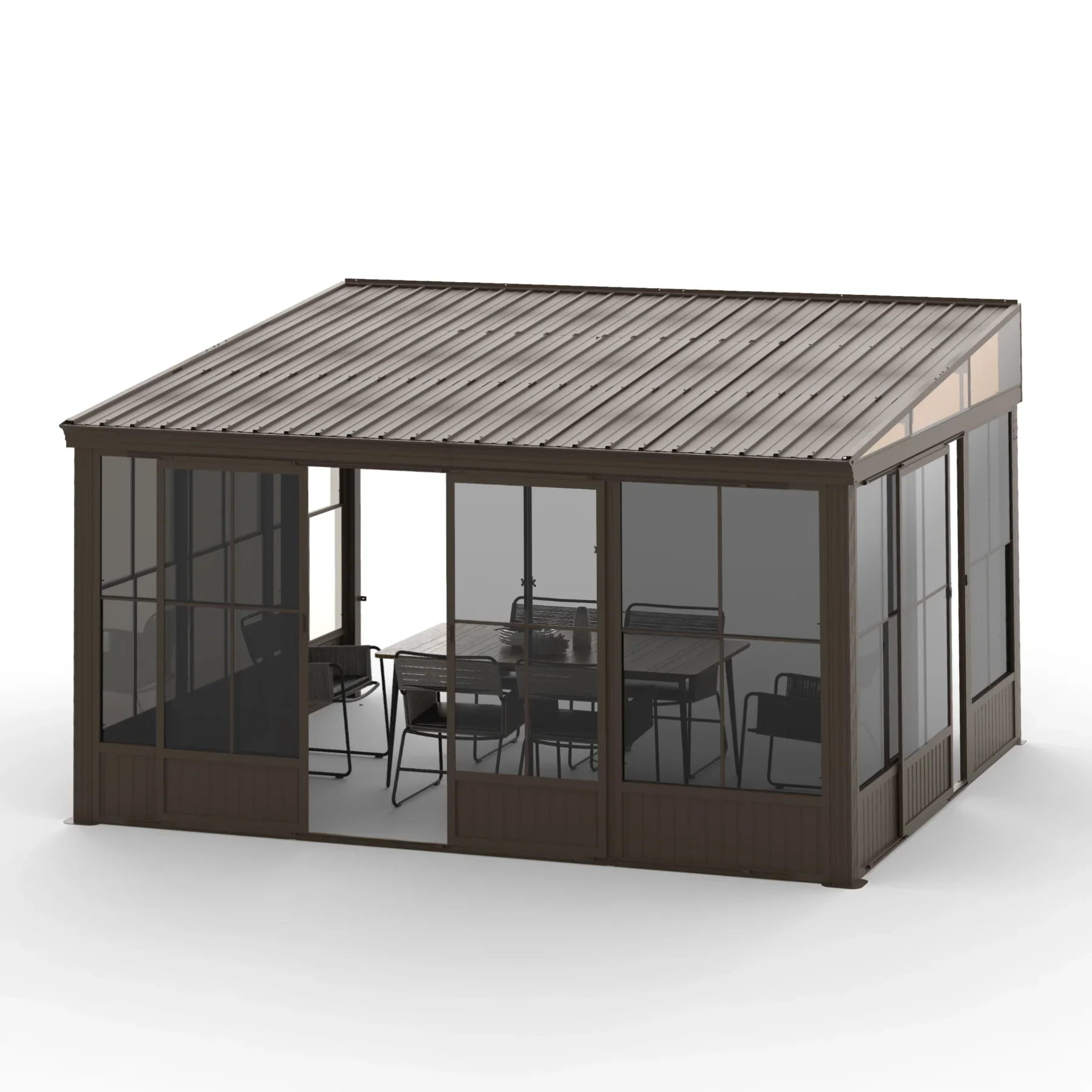 Domi Outdoor Living 10' x 12' Hardtop Lean-to Gazebo, Wall-Mounted with Galvanized Steel Roof Wall Pergola with Aluminum Frame, Curtains and Netting, for Patio, Deck, Garden, Backyard