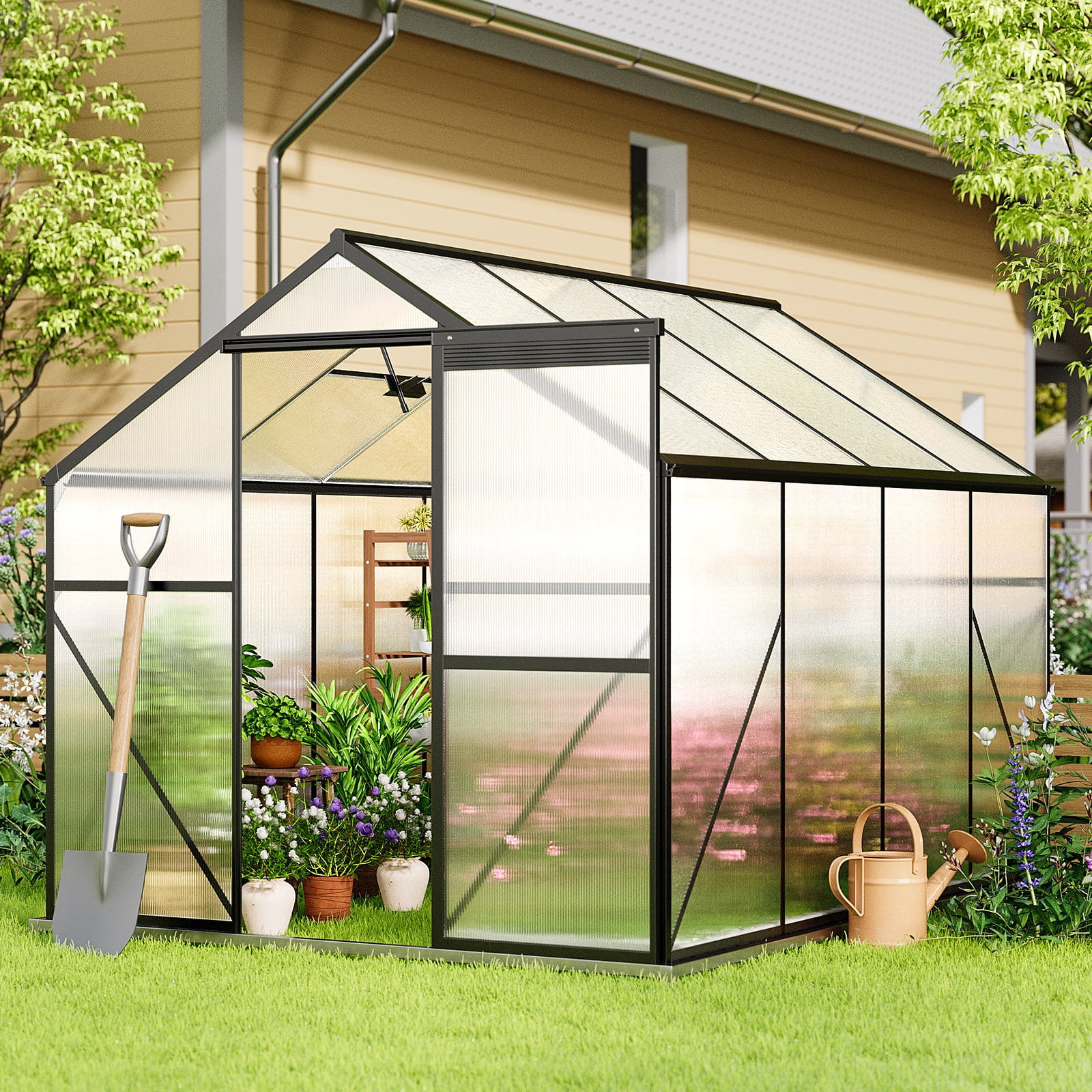 8x6 FT Greenhouse with Lockable Hinged Door Vent Window, Polycarbonate Walk-in Winter Greenhouse Sunroom, Black - Image 3