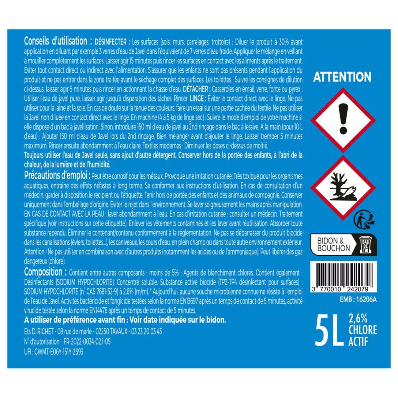 Bidon eau de javel  5L 2,6% chlore actif