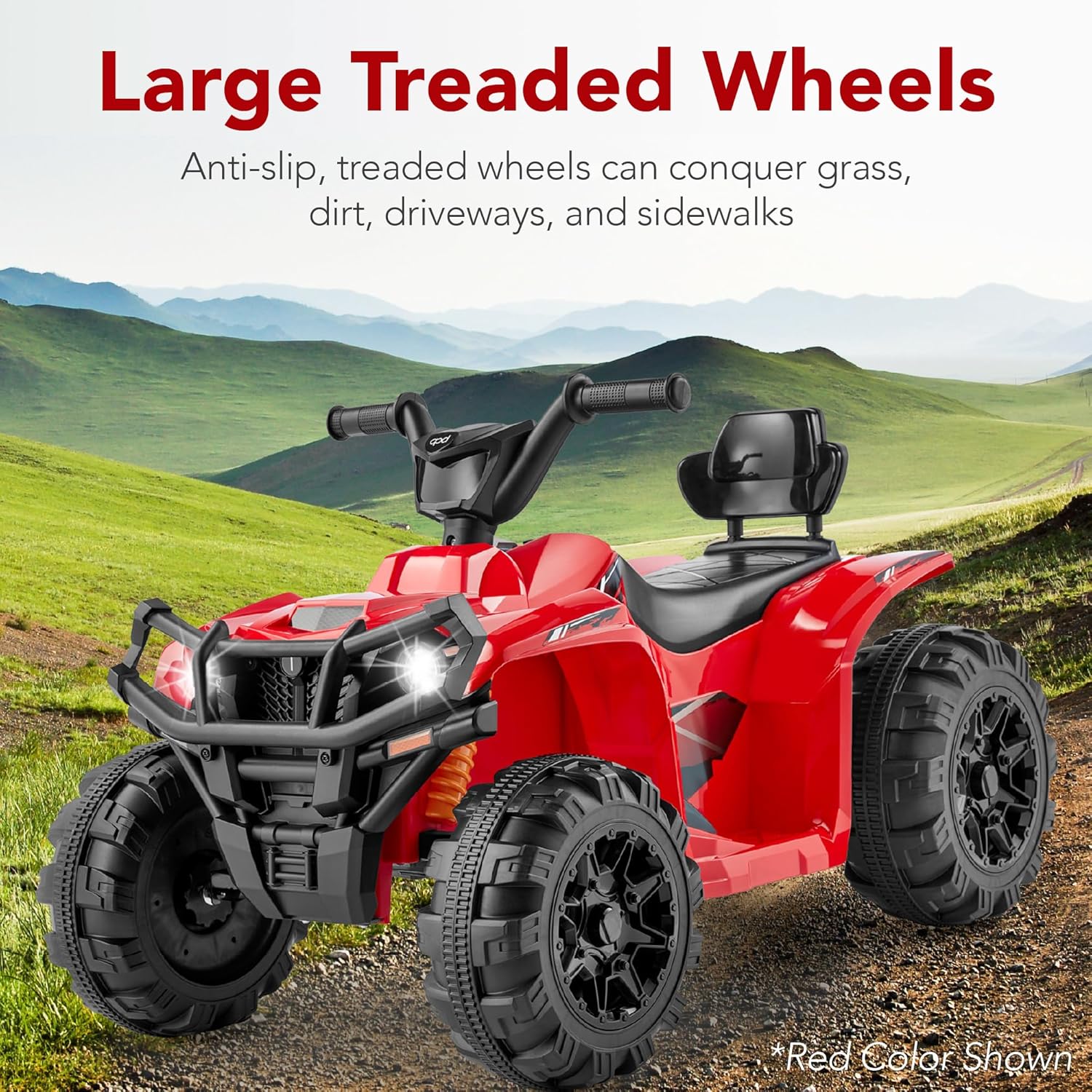 Quad électrique 12 V pour enfants Best Choice Products, véhicule tout-terrain à 4 roues avec audio Bluetooth, vitesse maximale de 3,9 km/h, pneus à crampons, phares LED et radio.