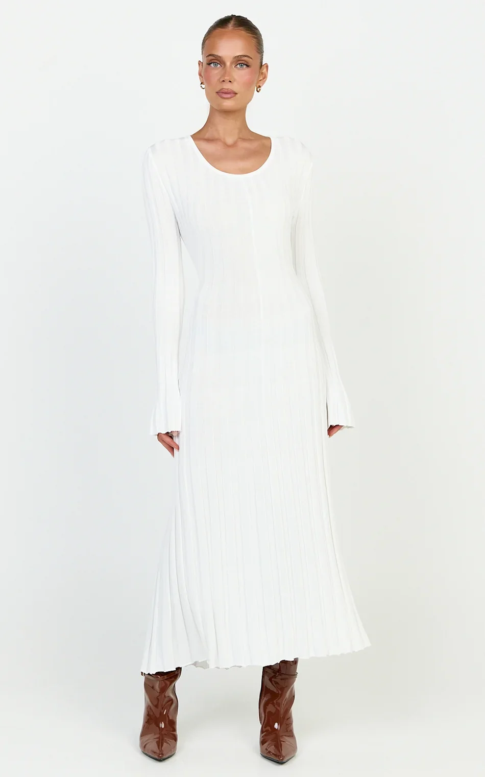 Blaire Midi Dress - Long Sleeve Tie Back Flare Dress in Ivory
