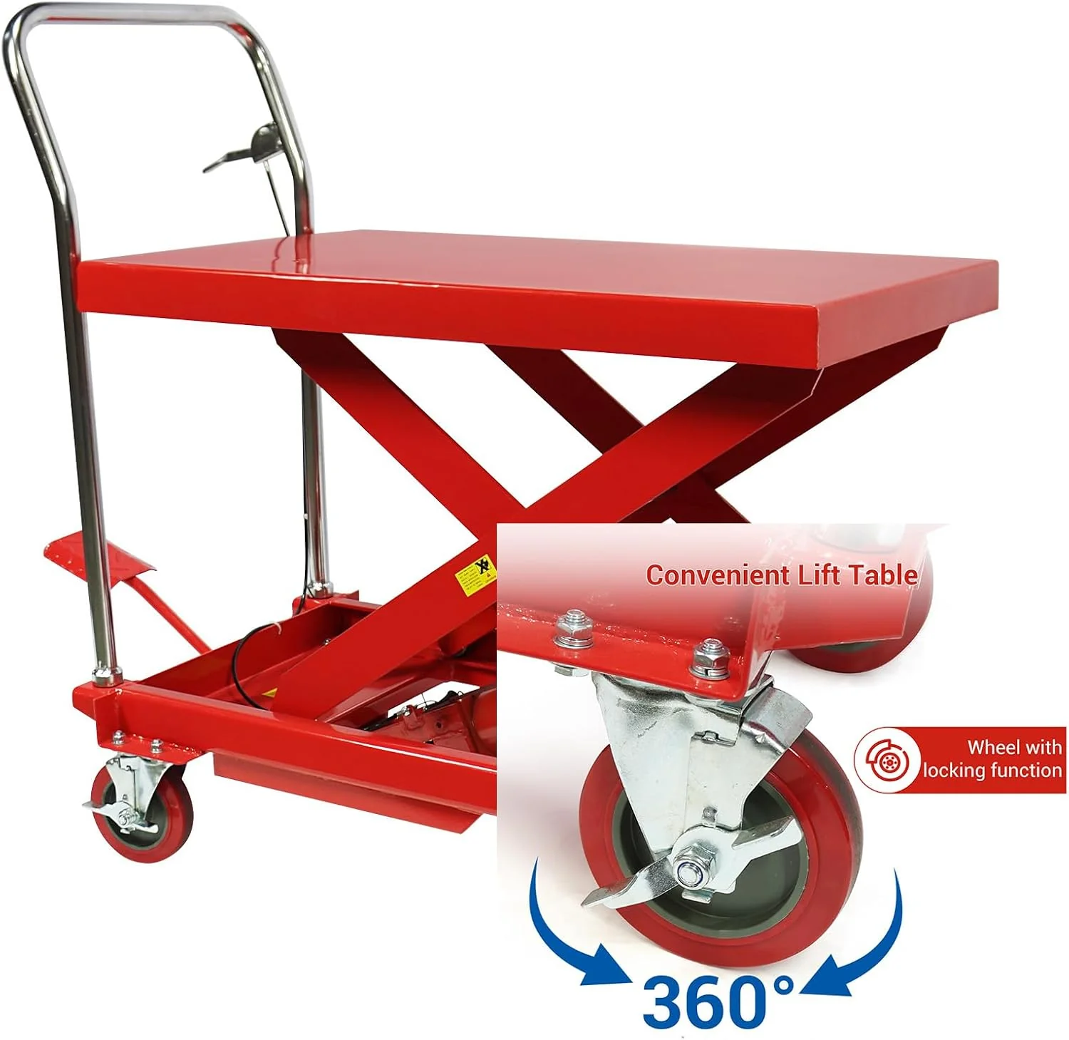 Chariot élévateur hydraulique de 660 lb – Hauteur de levage de 31 po, conception à double ciseaux avec 4 roues et patin antidérapant pour la manutention de matériaux