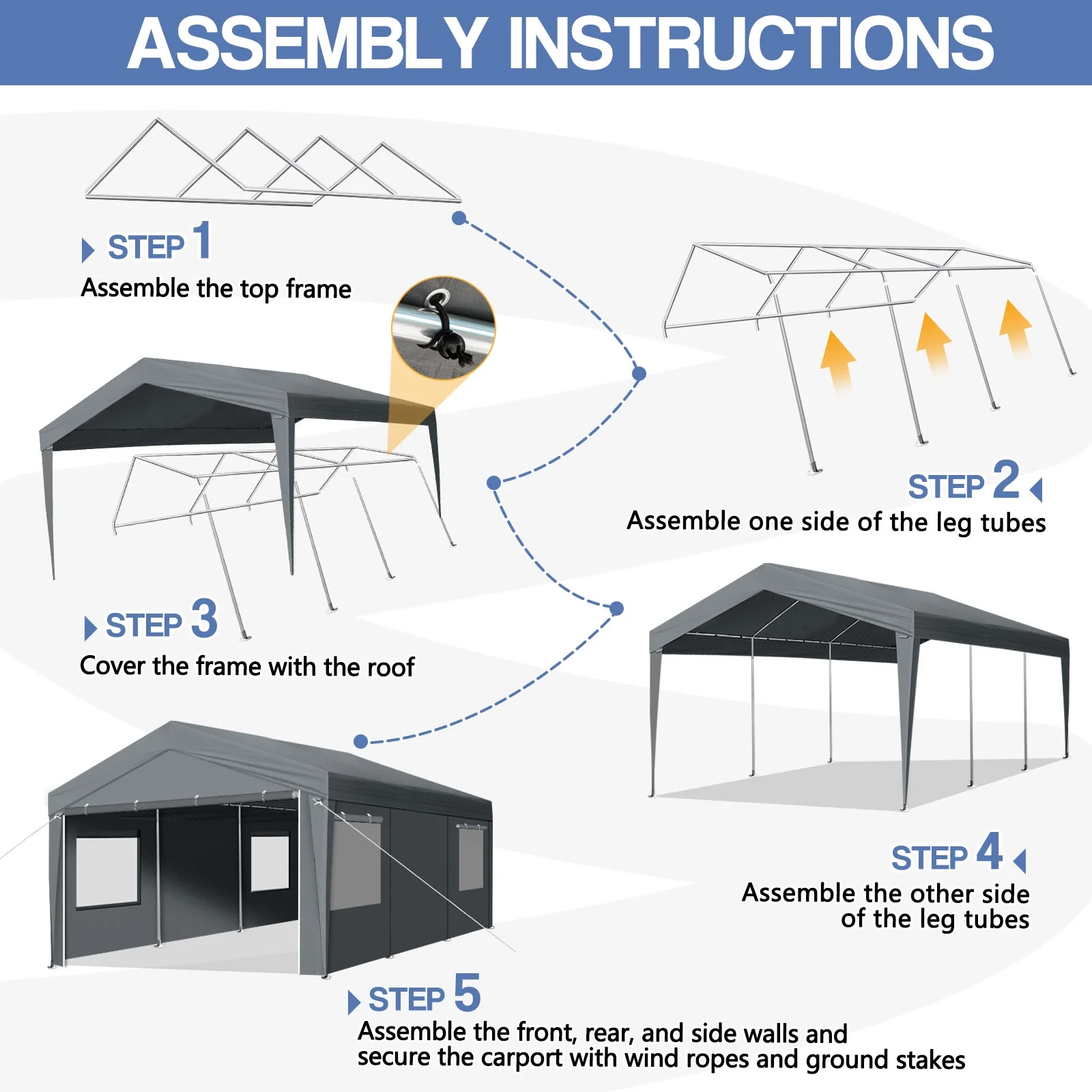 10x20Ft Carport, Large Heavy Duty Car Tent with Galvanized Steel Frame, Portable Storage Boat Shed Canopy Garage with Sidewalls Doors, Gray(10'X20'X9.2') - Image 3