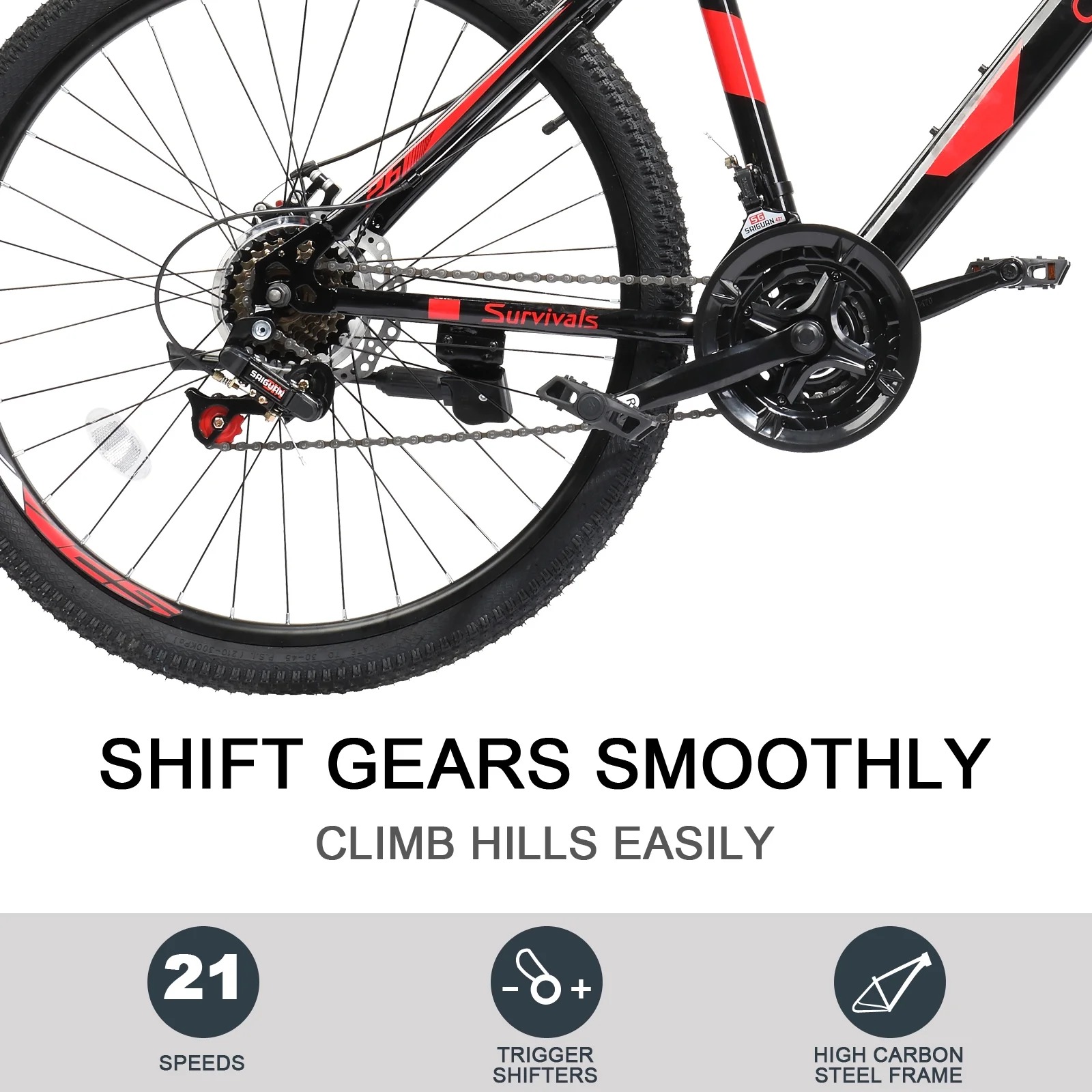 26" Lightweight Explorer Mountain Bike, 21-Speed for Men and Women Disc Brakes Suspension, Red/Black(RedBlack) - Image 4
