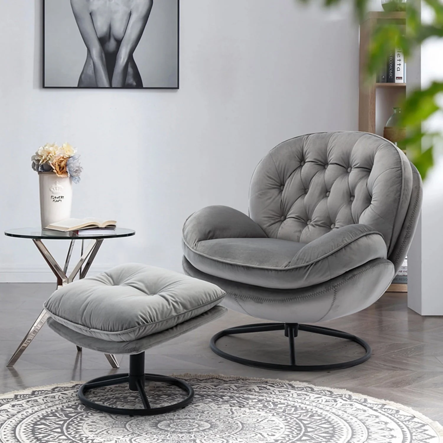 Velvet Swivel Accent Chair with Ottoman Set, Modern Lounge Chair with Footrest and Metal Base Comfy Armchair with 360 Degree Swiveling Single Sofa Chair Accent Chairs for Living Room, Green(Beige) - Image 10