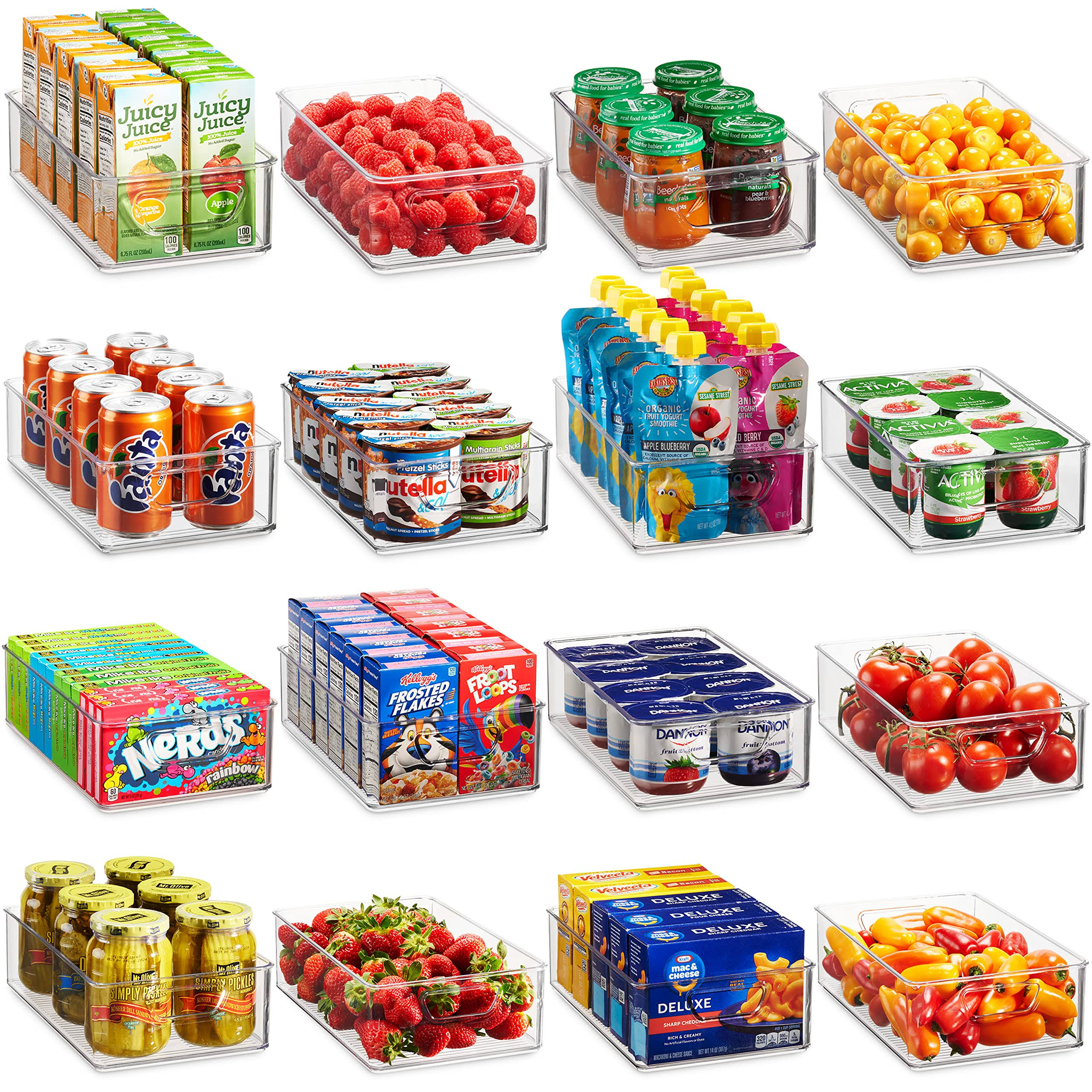 Munfix Set of 16 Refrigerator Organizer Bins - Plastic Pantry Organization and Storage Baskets - Stackable Food Fridge Organizers with Cutout Handles