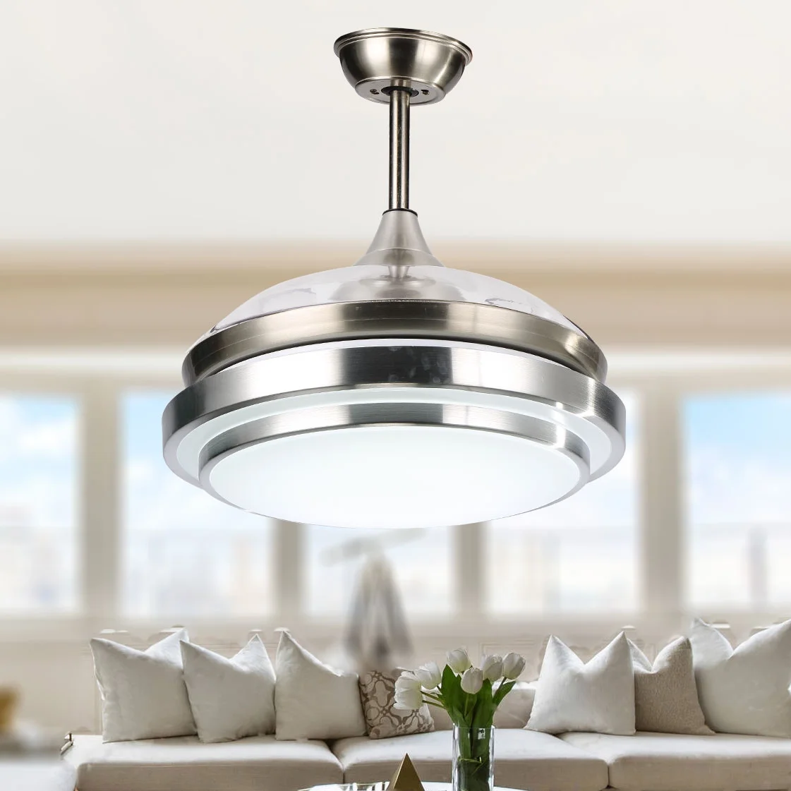 36'' LED Retractable Blades Ceiling Fan with Remote Control and Light Kit, 6-Speed Ceiling Fan with Reversile Blades