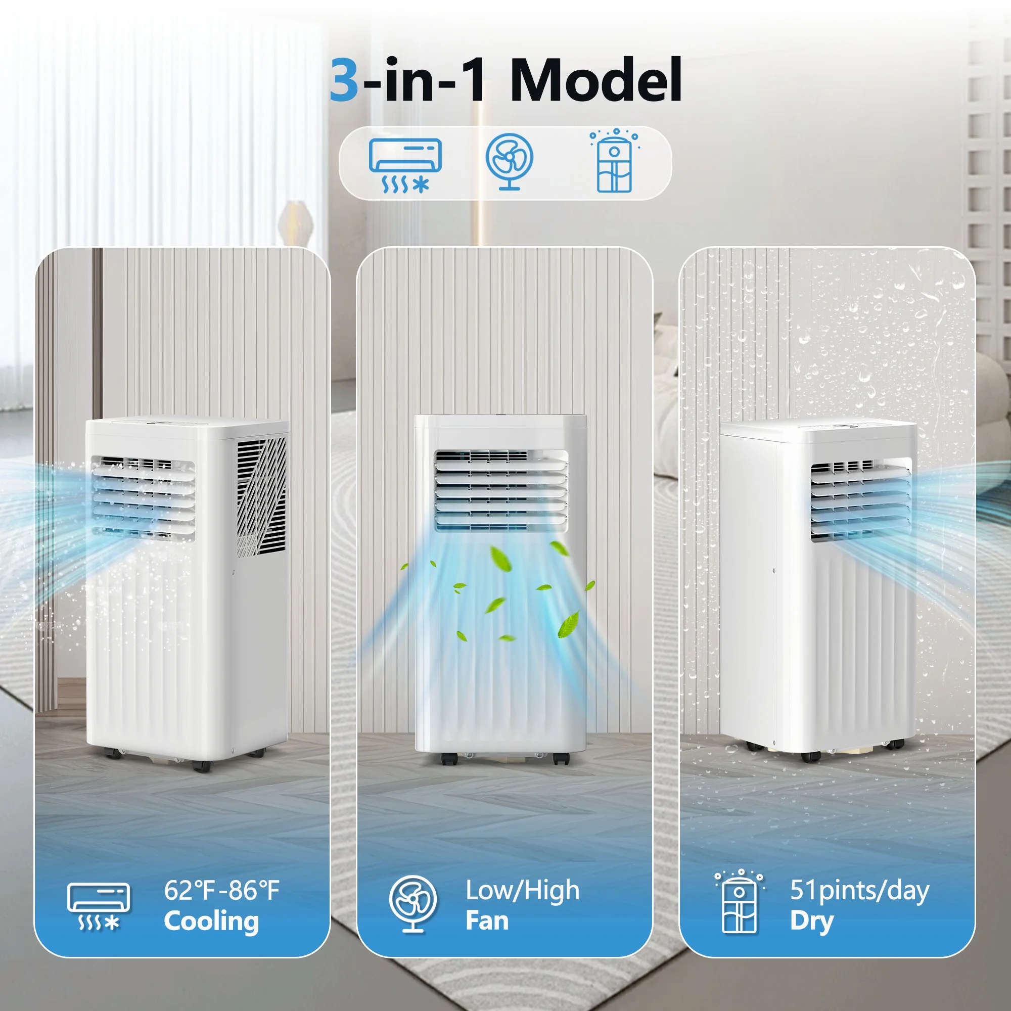 KISSAIR Portable Air Conditioners 8000 BTU Ashrae - 3 - in - 1 AC Unit, Dehumidifier & Fan with 24 - Hour Timer/Remote Control for Home/Office/Apartments/Dorm