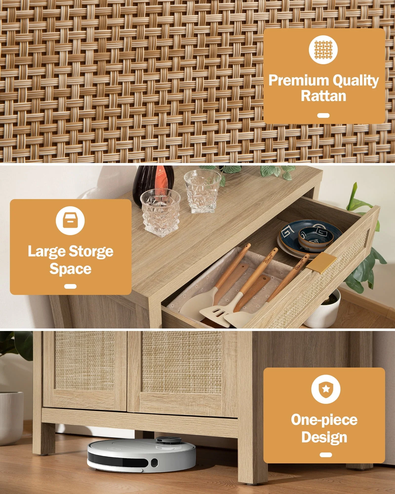 Rattan Sideboard Buffet Cabinet,Boho Storage Cabinet Buffet Table with Doors and Drawer,Coffee Bar Cabinet for Kitchen Entryway Living Dining Room,Light Oak(1PCS/Black) - Image 6