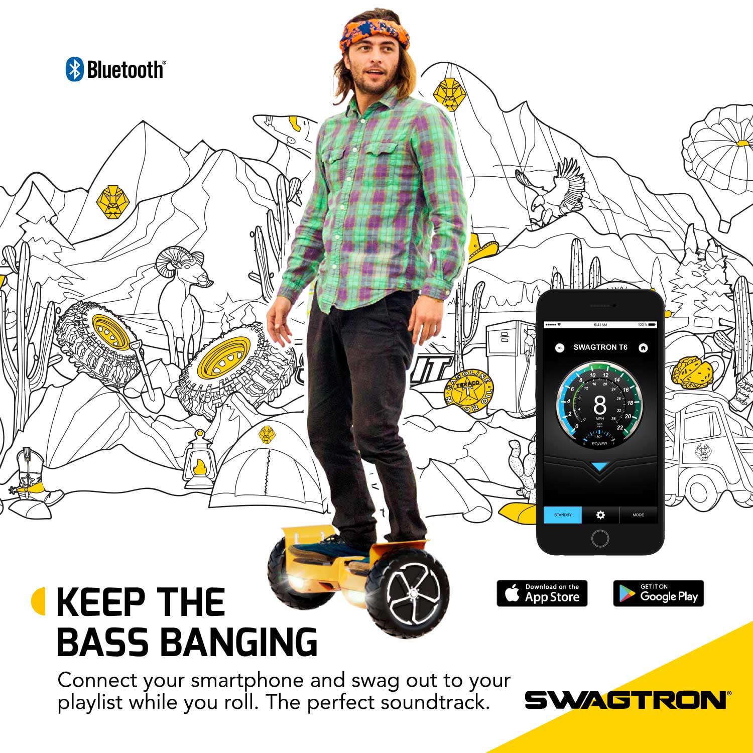 Swagtron Off - Road T6 Hoverboard. 420 lb Weight Limit. Black. Bluetooth Speaker. 10 in Wheel 12 Mph UL - Compliant
