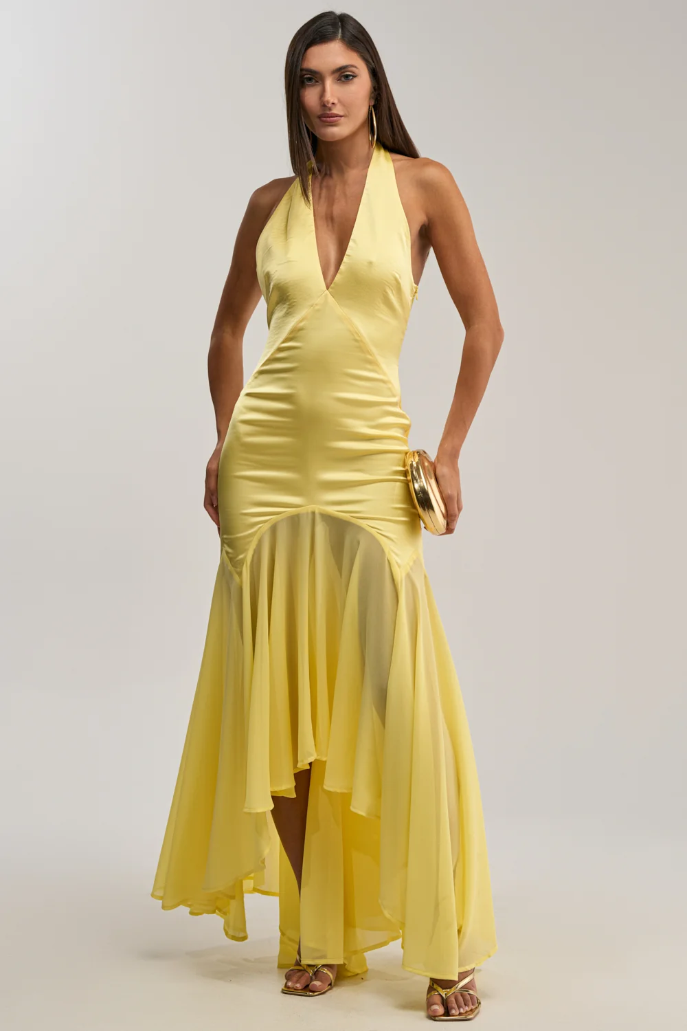 BET YOU WON'T SATIN MIDI DRESS IN YELLOW - Akira Store