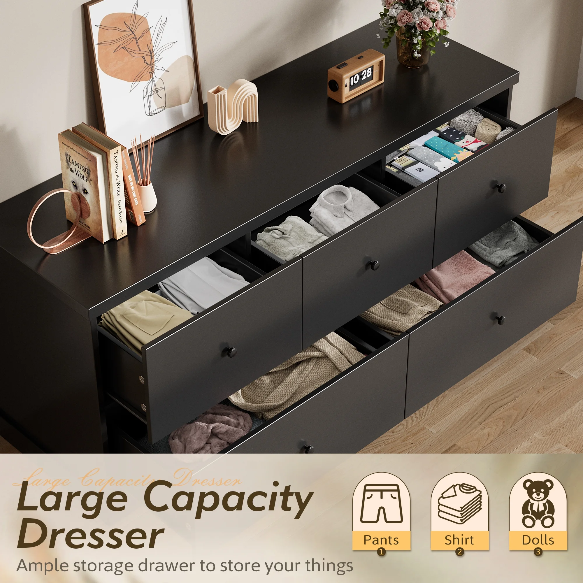 5 Drawer Dresser Wood Storage Cabinet Double Tier Chest of Drawer TV Stand for Bedroom, Living Room, Black(Short/Black) - Image 7