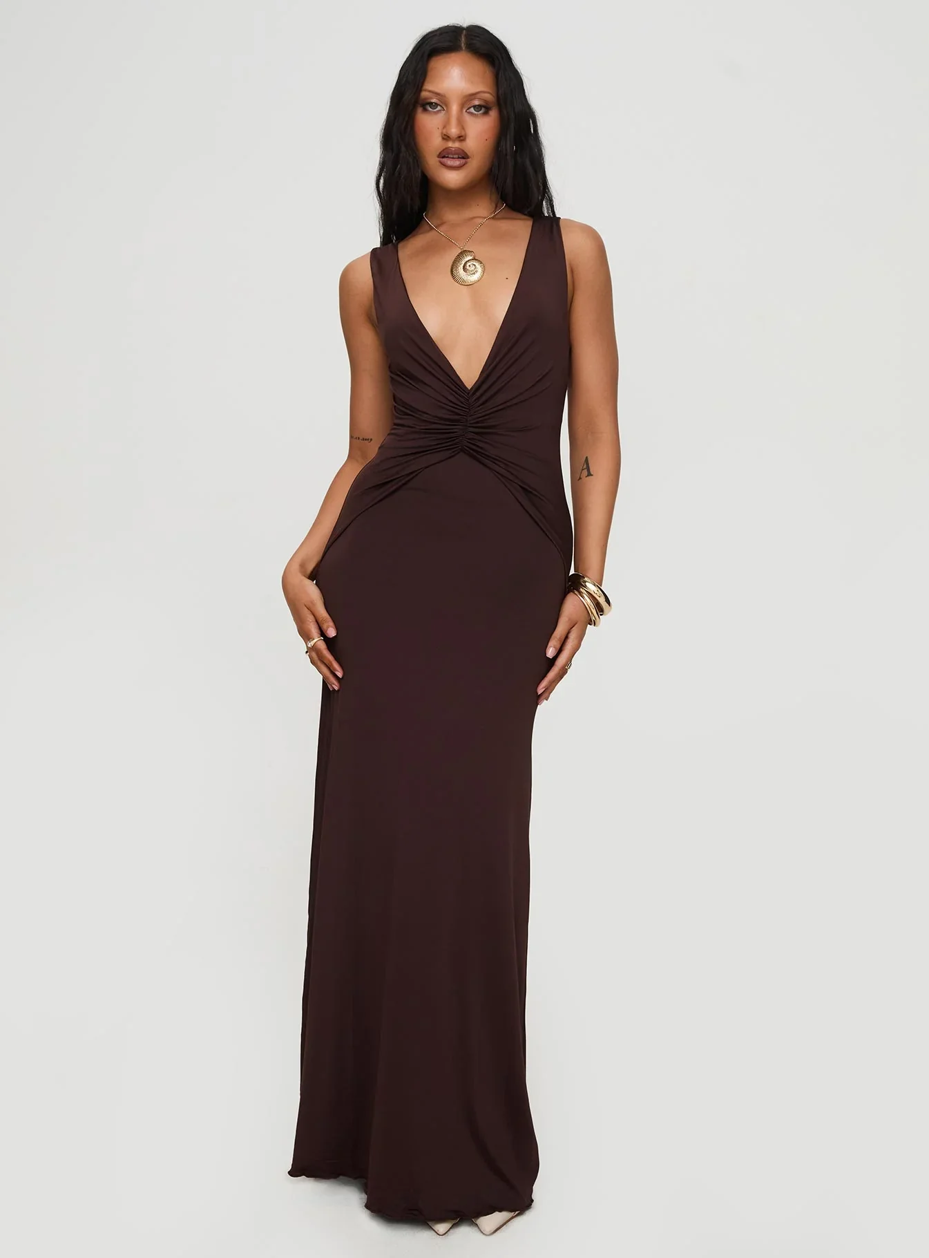 Frederica Plunge Maxi Dress Chocolate Petite