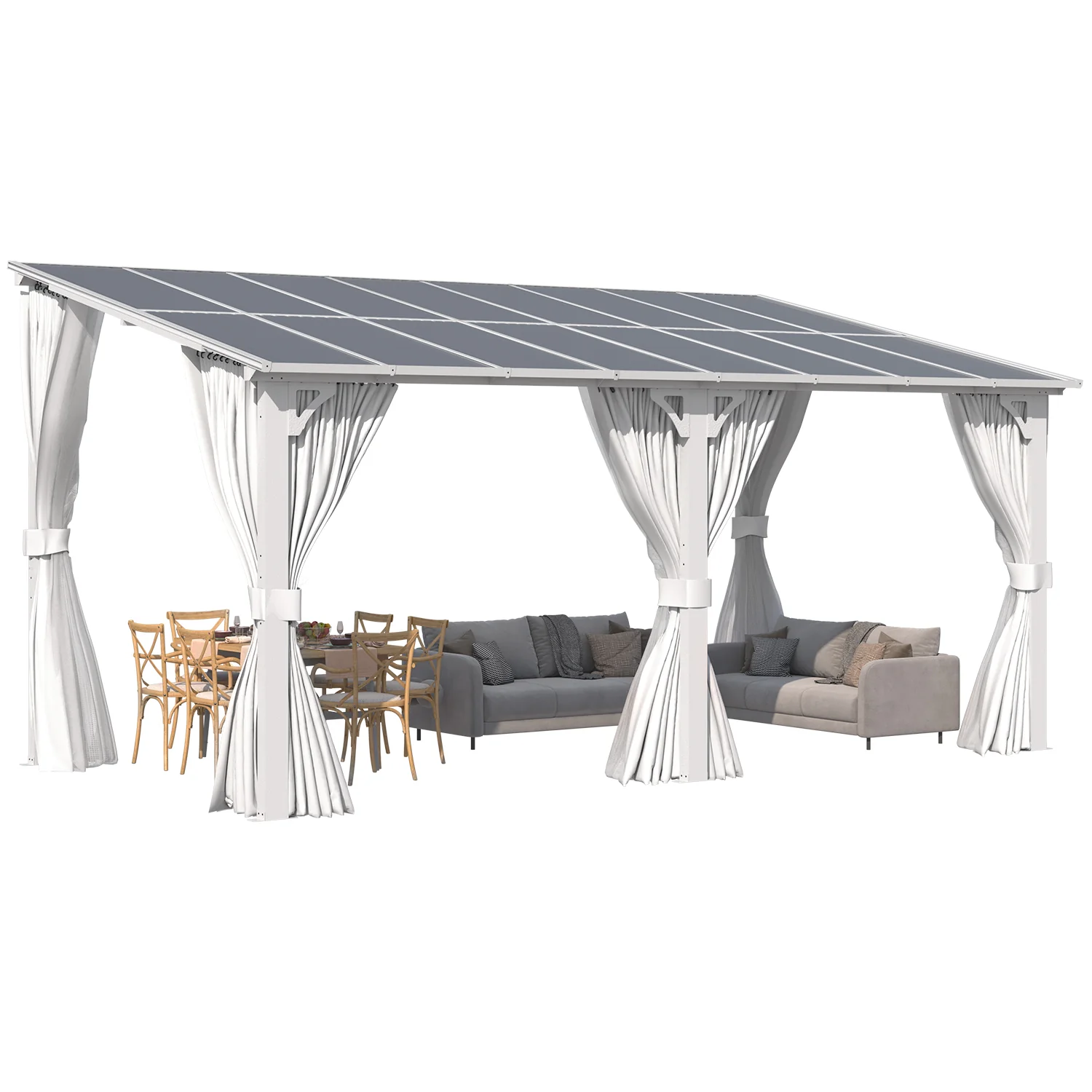 AECOJOY 16'x8' Wall Gazebo with Curtains and Mosquito Netting, White