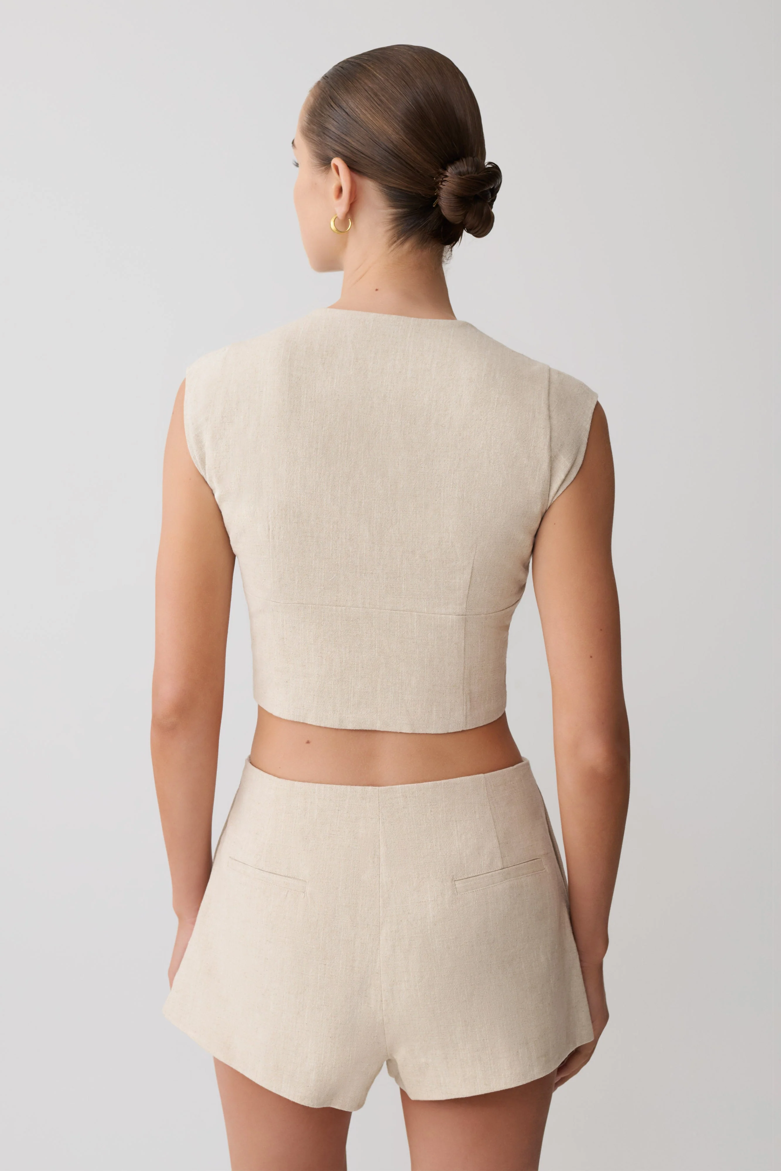 Anahita Linen Front Bows Short Sleeve Top - Natural