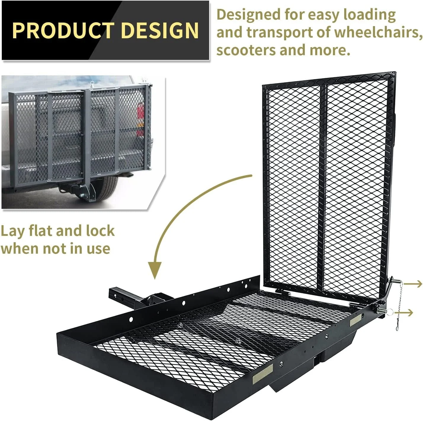 HECASA 500 lb Carrier Hitch Mounted Cargo Folding Scooter and Wheelchair Carrier Mobility Rack with Loading Ramp
