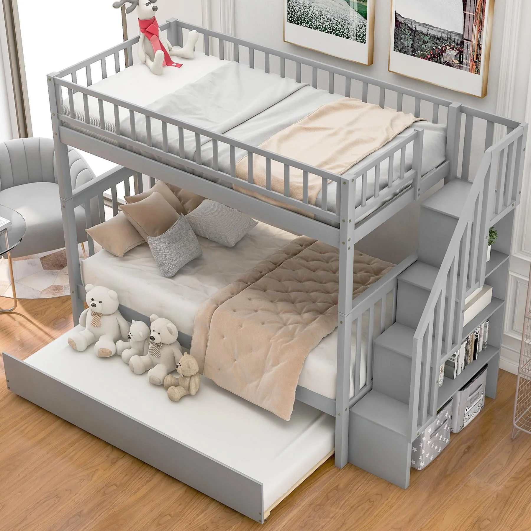 Bunk Bed, Twin Over Twin Wood Bunk Beds with Trundle and Storage, Converted to 2 Twin Beds Frame with Ladder and Stairs for Kids Adults, Saving Space, Gray