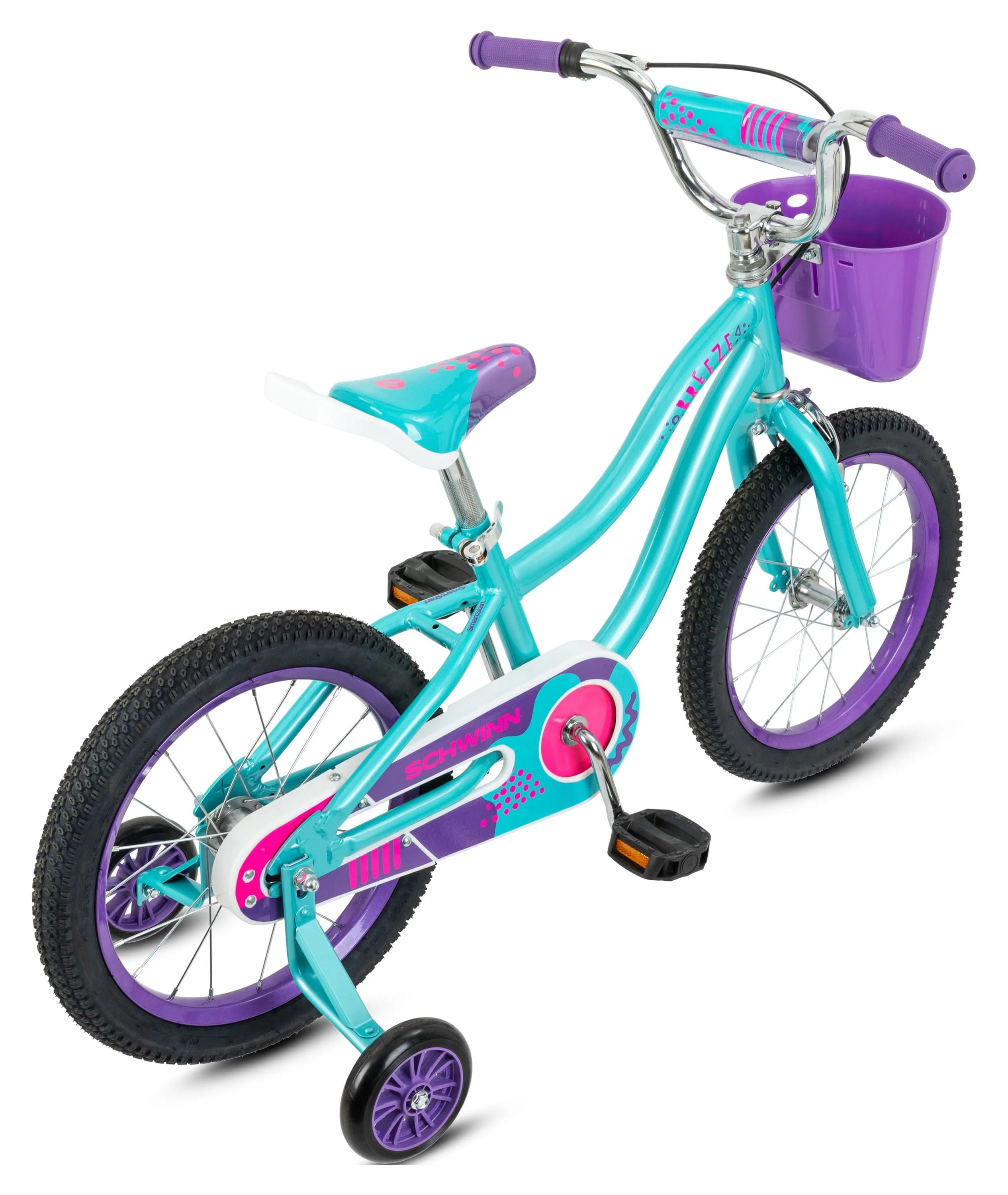 Schwinn Breeze 16 in Girls Kids Bike with Basket and Training Wheels, Ages 3 - 7, Teal and Purple