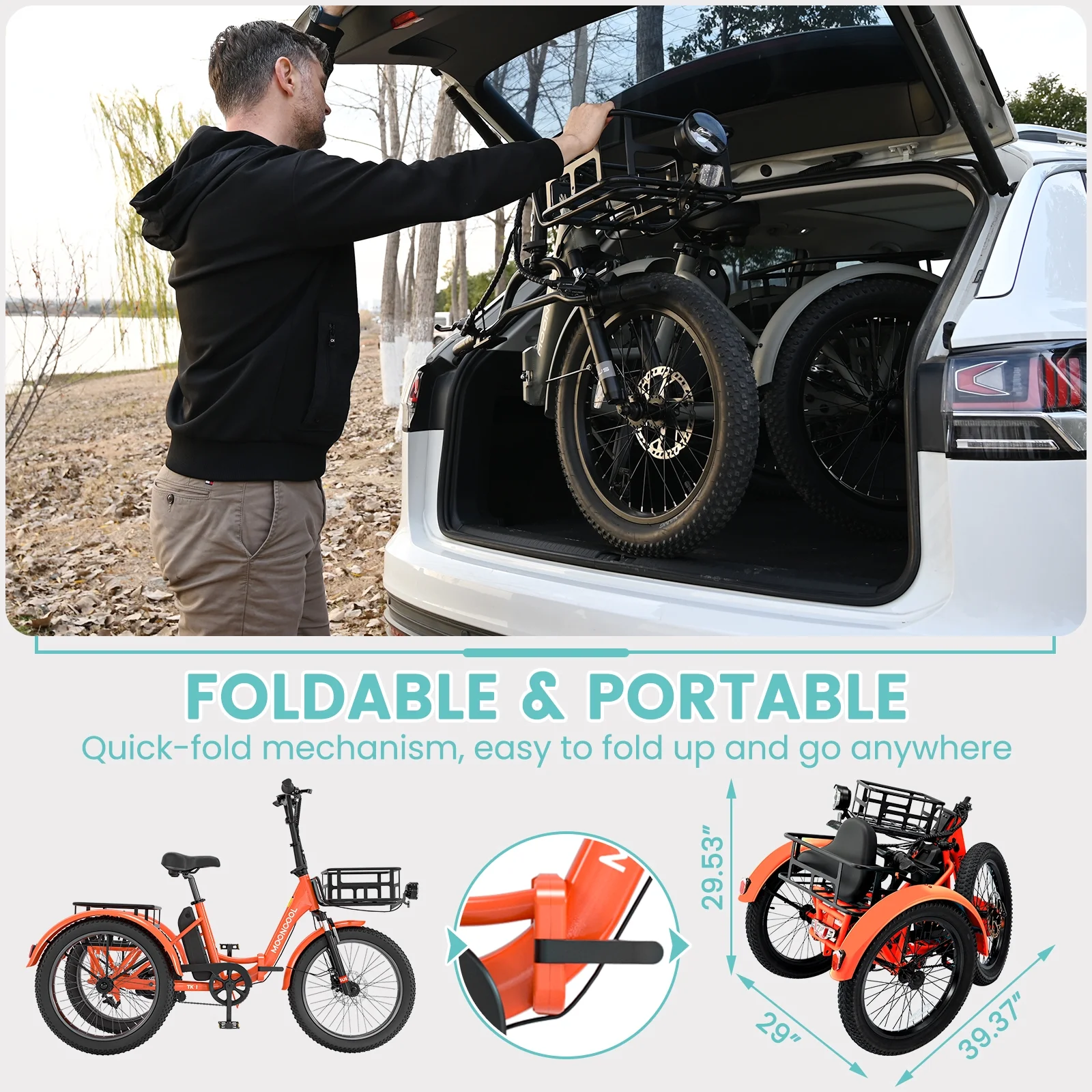 TK1 Folding Electric Tricycle for Adults,48V 14.5Ah Removable battery, 500W��Peak 1000w��Motor, 20" Fat Tire Step-Thru 3Wheel Electric Bicycle w/FrontRear Baskets, Certified to UL 2849 by SGS(Orange) - Image 8