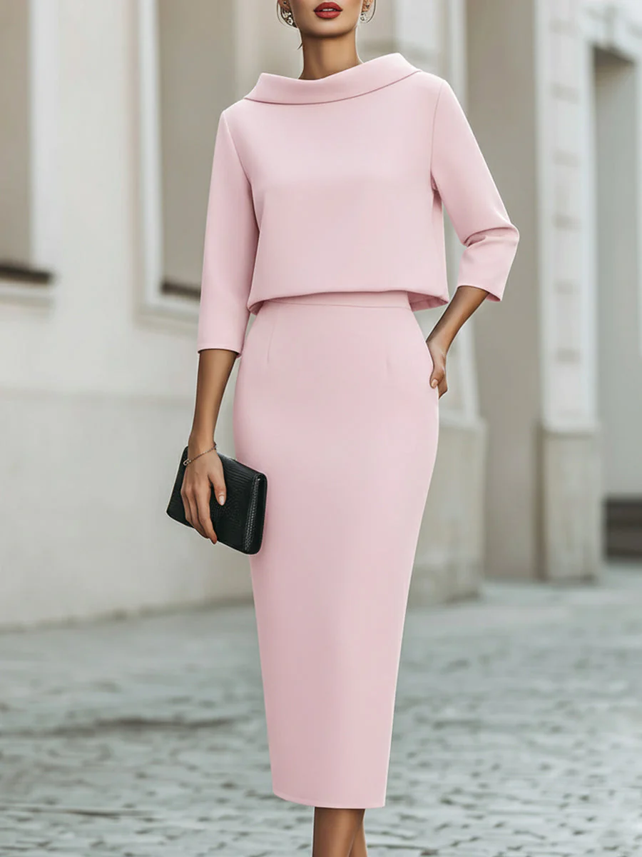 Ensemble Haut Col Bateau et Jupe Midi pour Femme