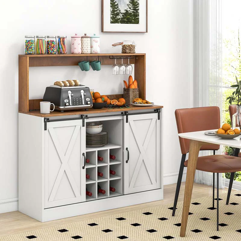 Farmhouse Coffee Bar Cabinet with Charging Station, 2 Sliding Barn Doors, 9-Bottle Wine Rack & Glass Holder, Kitchen Buffet Sideboard with Hutch