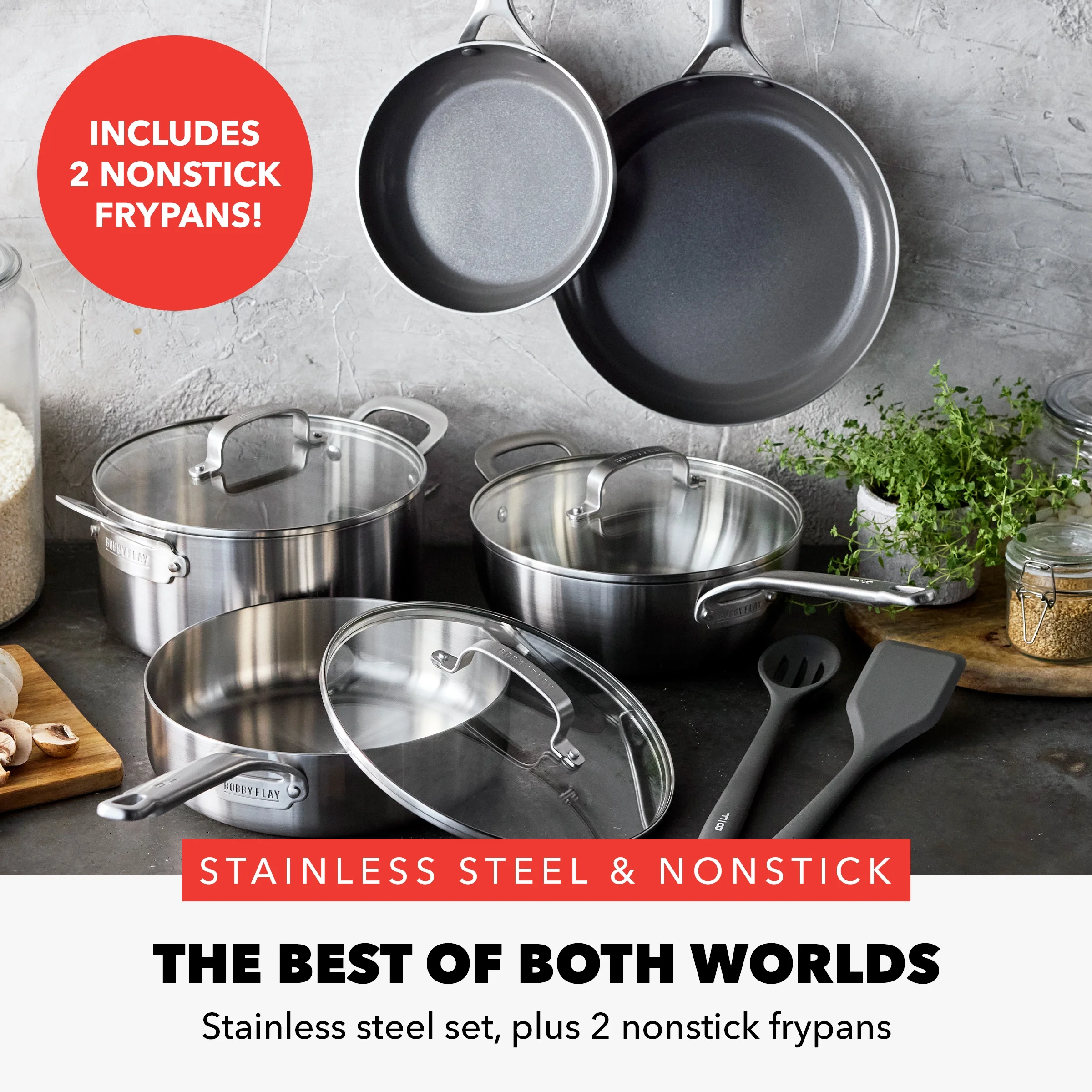Greenpan Bobby Flay 10 - Piece Stainless Steel Cookware Set, Ceramic Nonstick Fry Pans, Dishwasher Safe