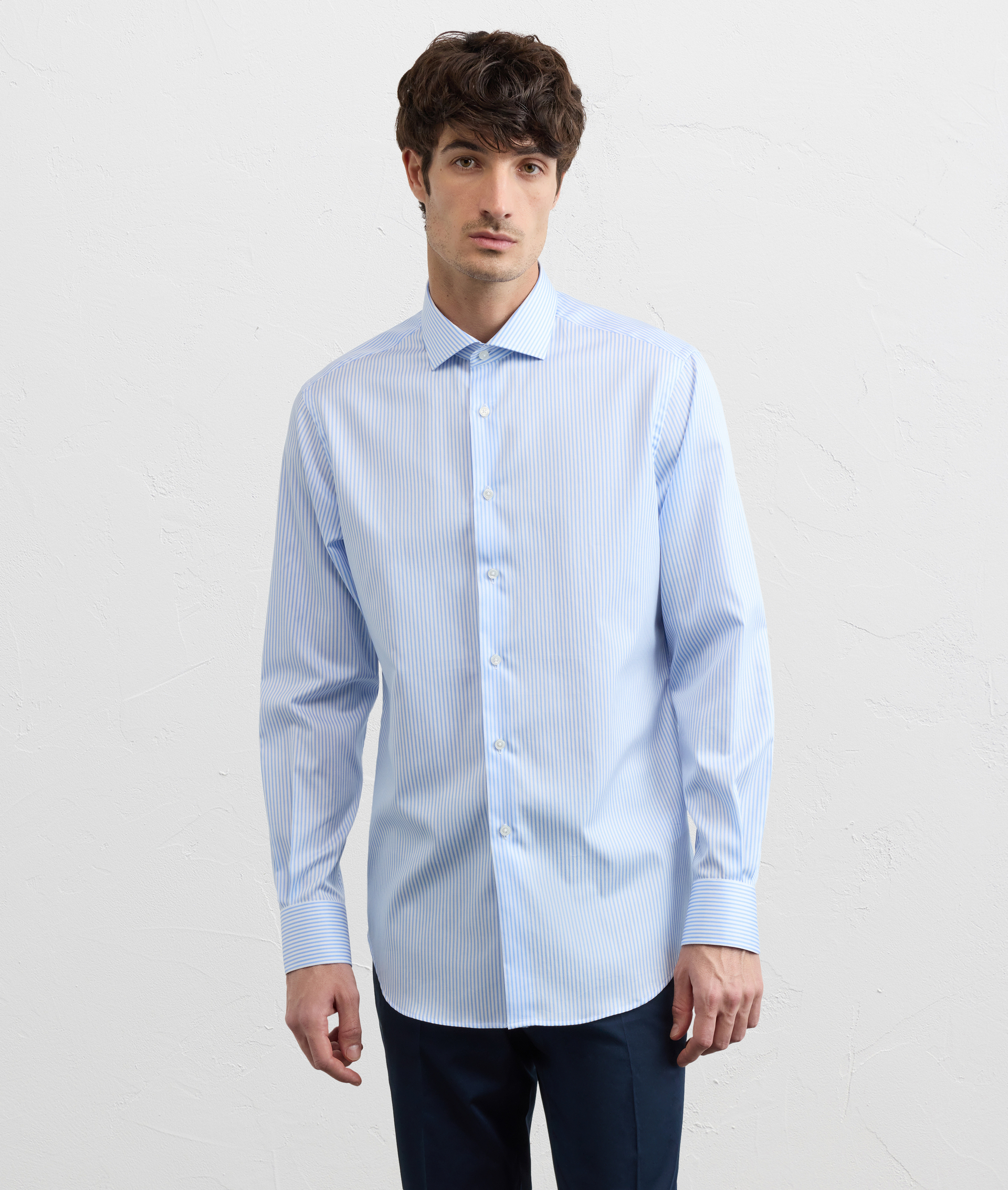 LIGHT BLUE COTTON SHIRT WITH SMALL TORINO COLLAR AND STANDARD STRIPED CUFF