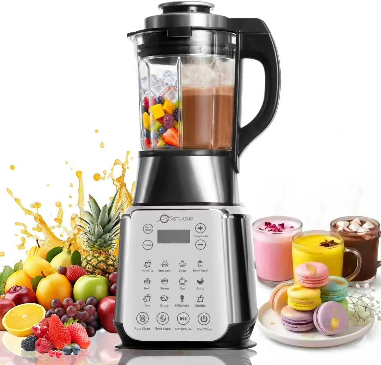 Blender en verre pour la cuisine – Blender professionnel en acier inoxydable pour smoothies, moteur de 1500 W, robot culinaire combiné, 9 vitesses réglables, 14 programmes prédéfinis, bol en verre sans BPA, laits végétaux, soupes