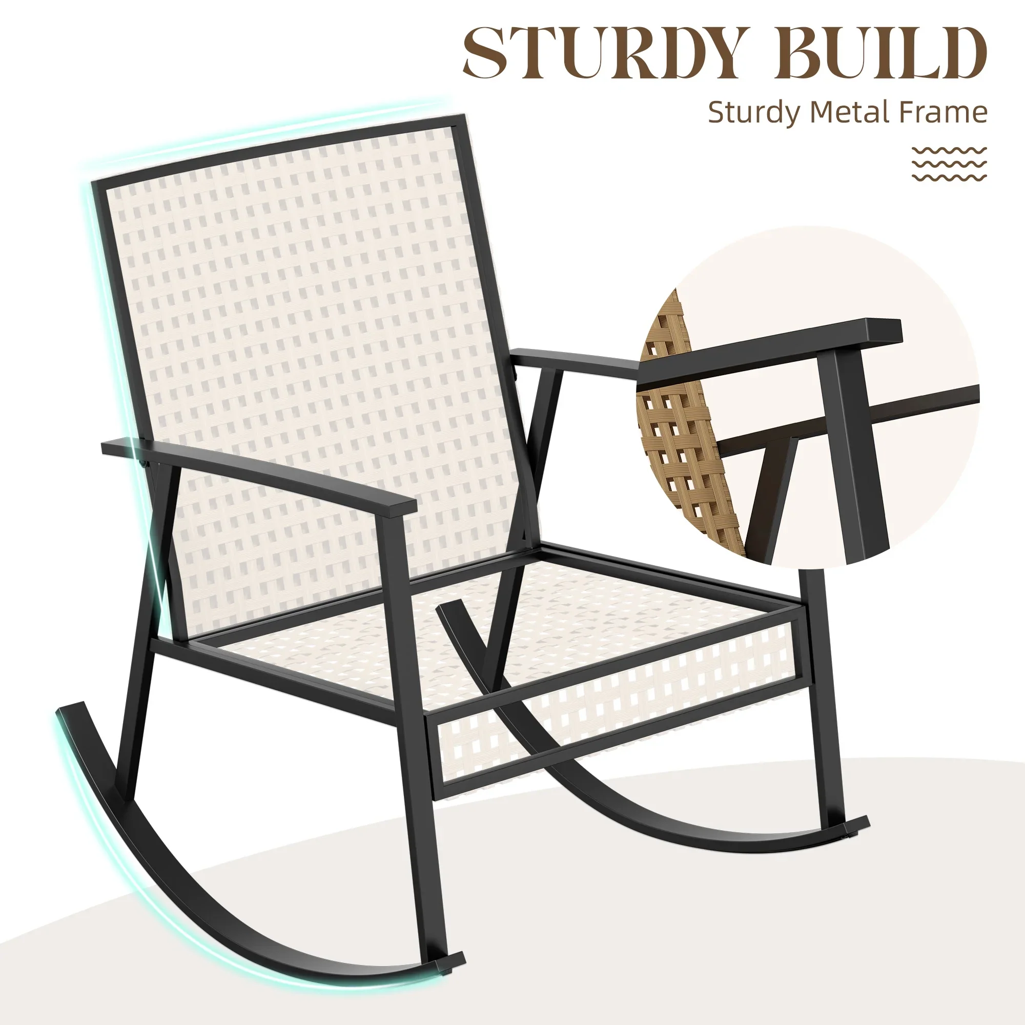 3 Piece Outdoor Rocking Chairs, Outdoor Patio Furniture Set with Thick Cushion and Coffee Table, Rattan Rocking Bistro Set for Grand Porch Balcony Garden