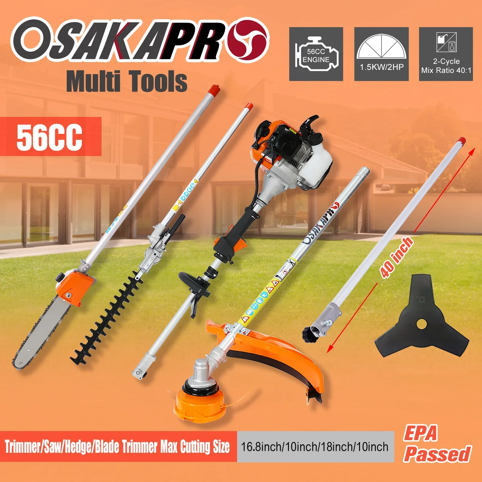 POWANLI 4-in-1 Multi-Functional Trimming Tool,56CC 2-Cycle Gas Garden Tool System with Pole Saw, Hedge Trimmer, Grass Trimmer, Brush Cutter - EPA Compliant